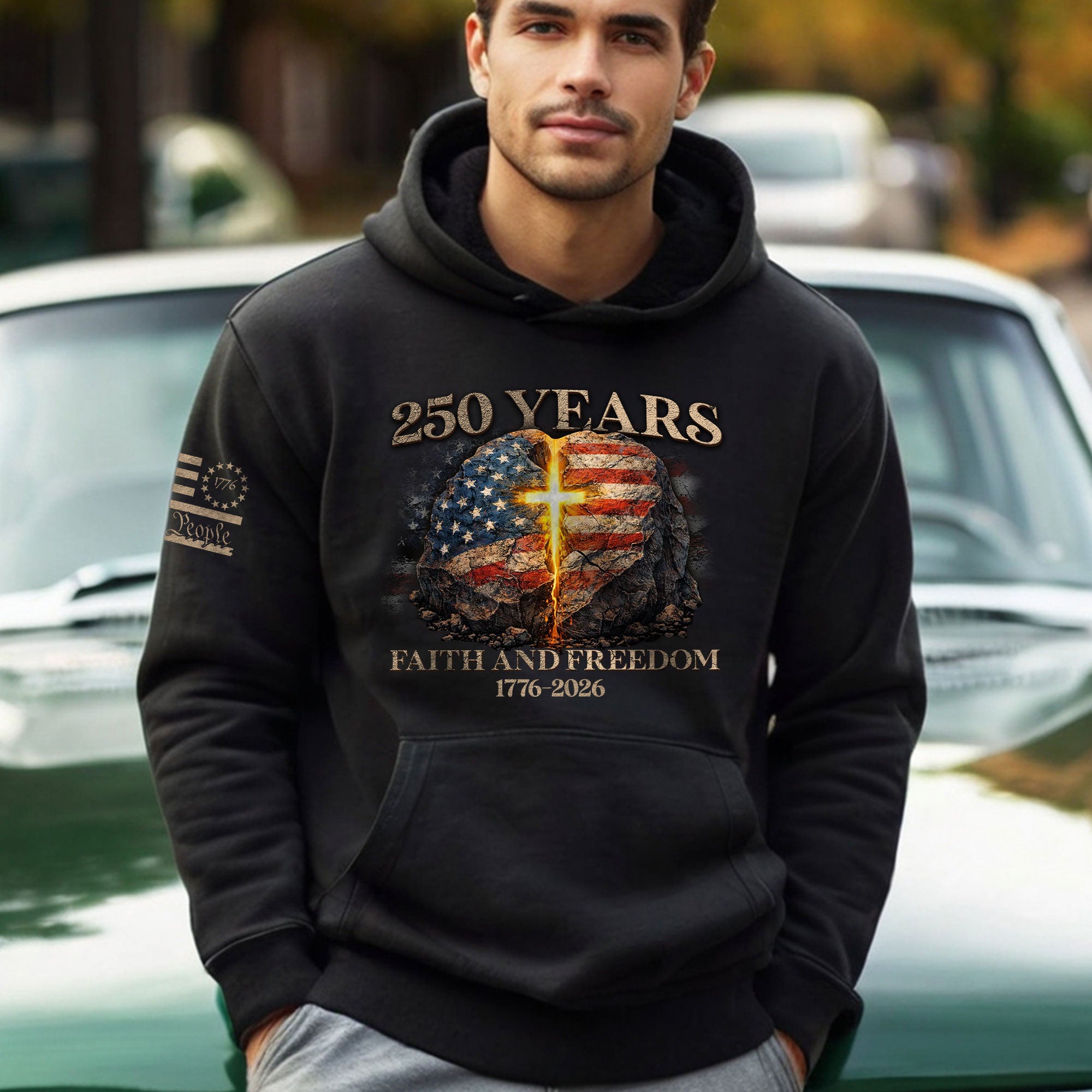 America 250th Anniversary 1776-2026 Semiquincentennial Hoodie – Christian Faith and Freedom Cross Flag Patriotic Hoodie
