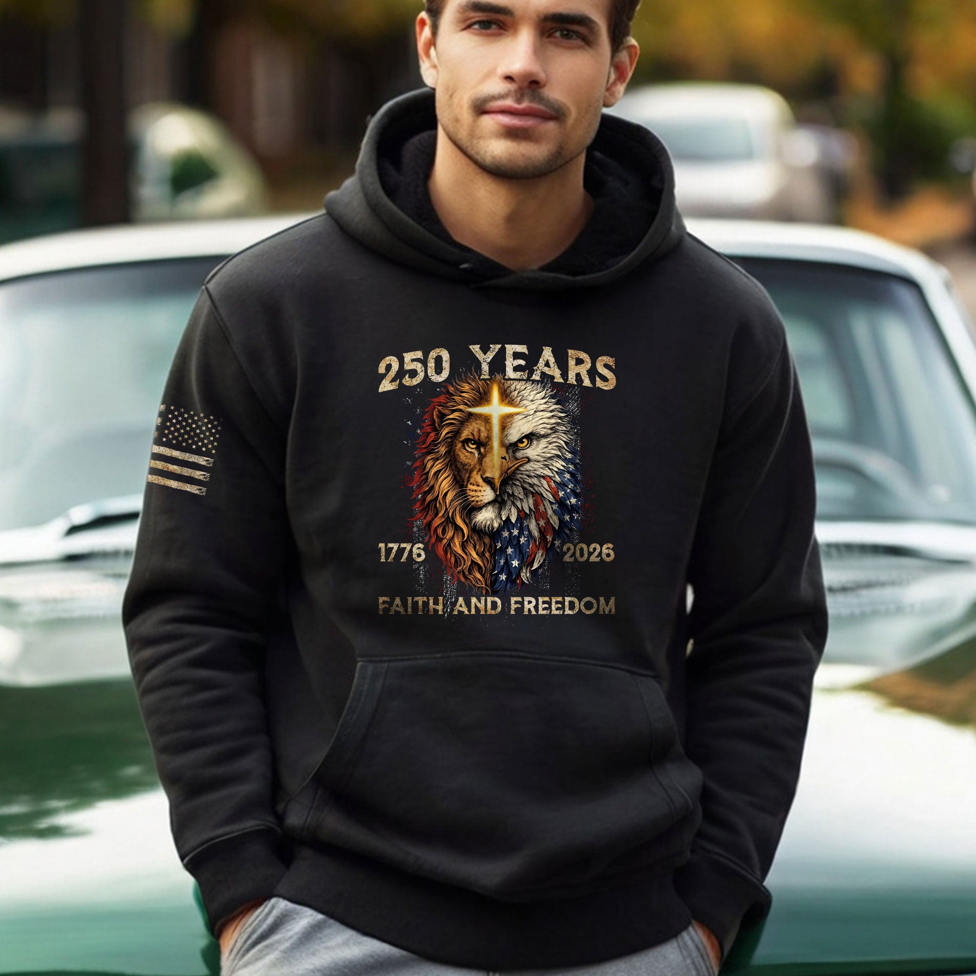 USA 250th Anniversary 1776-2026 Semiquincentennial Hoodie – Christian Faith and Freedom Lion of Judah American Flag Men’s Apparel