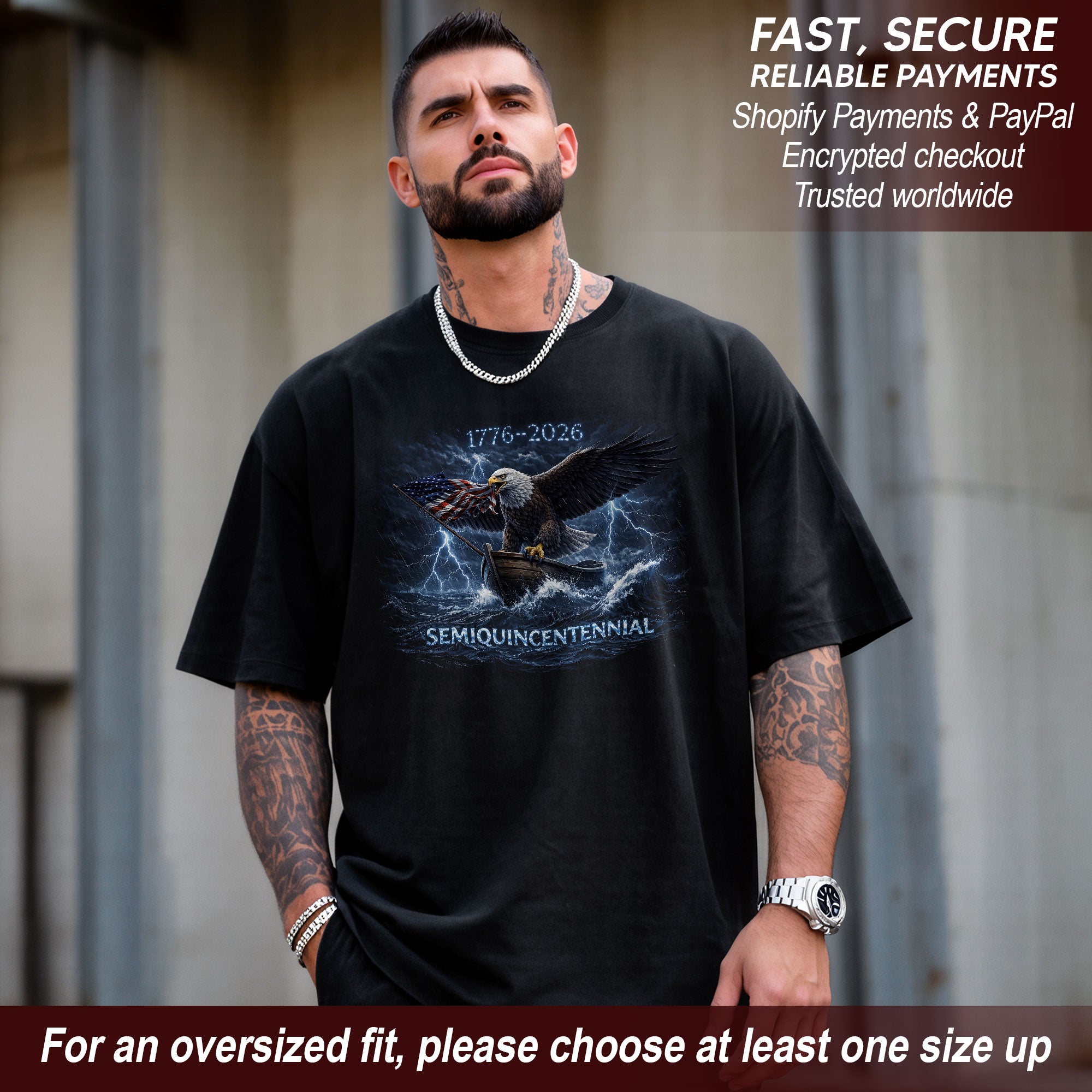 1776–2026 Semiquincentennial Bootleg Eagle Tee – Storm Flag Graphic 250 Years of America