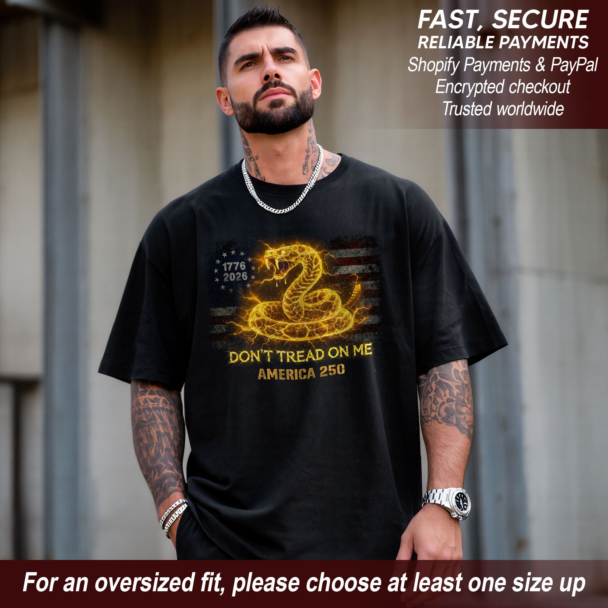 Don’t Tread on Me America 250 Bootleg Tee – Electric Snake 1776–2026 Graphic