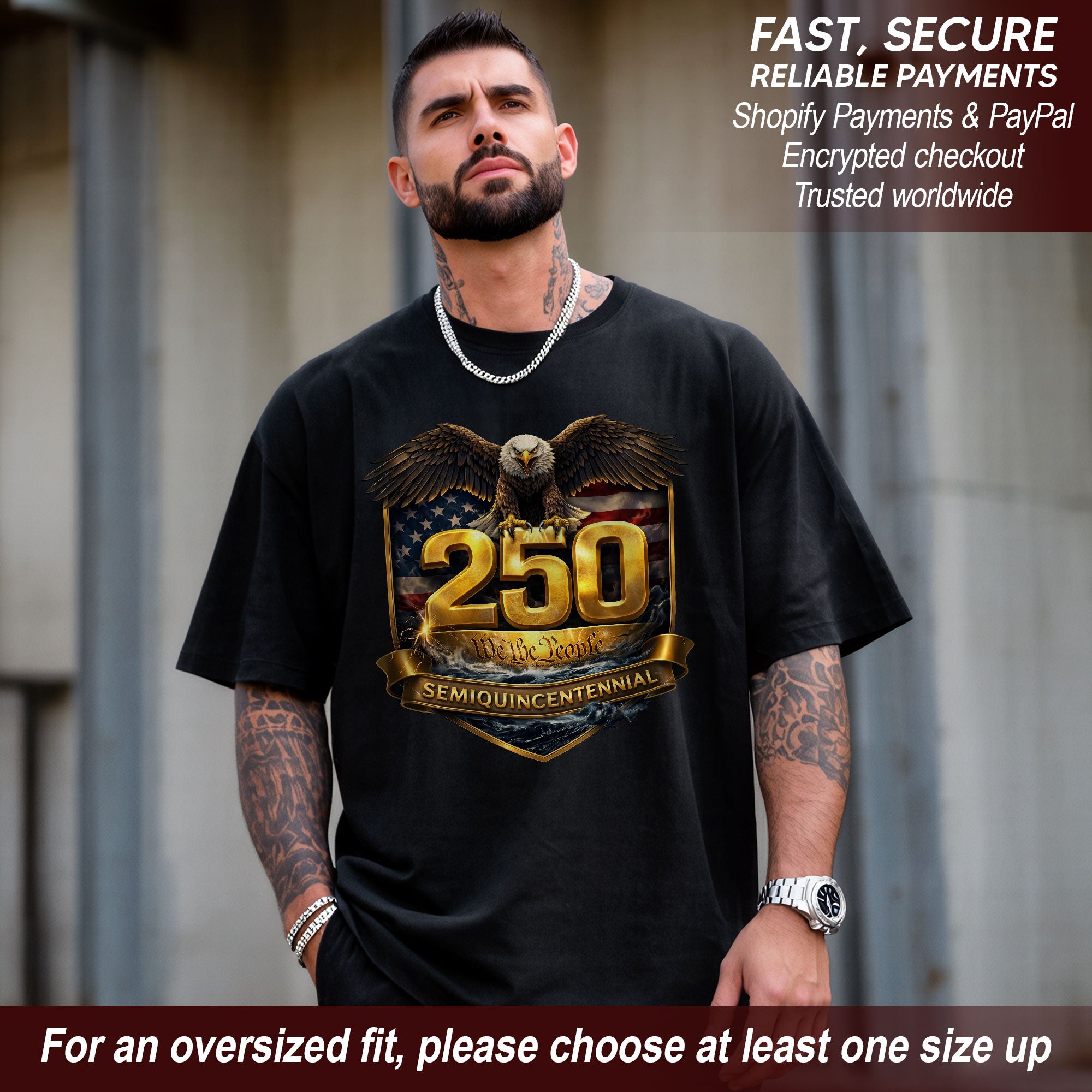250 We The People Semiquincentennial Bootleg Tee – Gold Crest Eagle 1776–2026