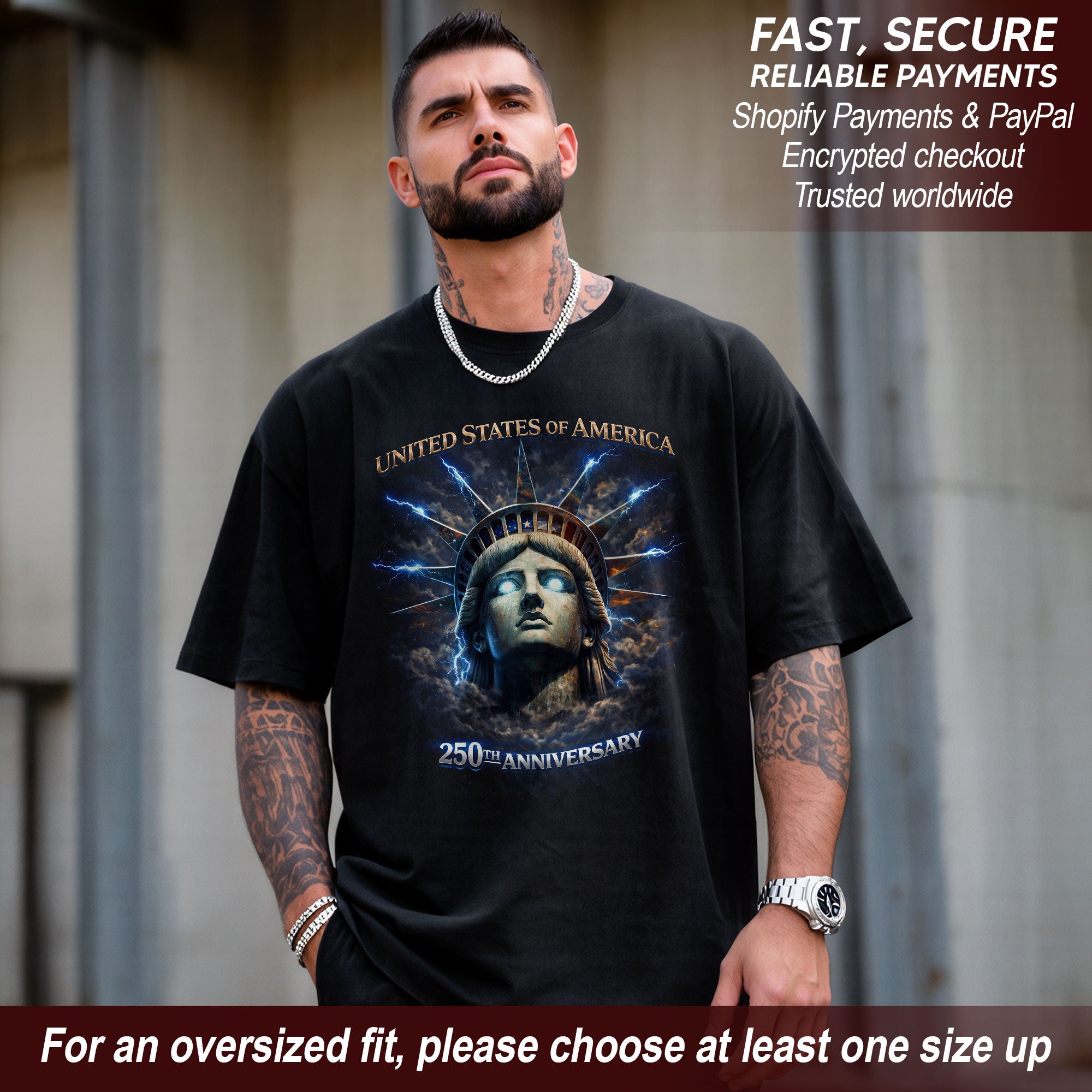 USA 250th Anniversary Bootleg Tee – Electric Liberty Crown Street Graphic