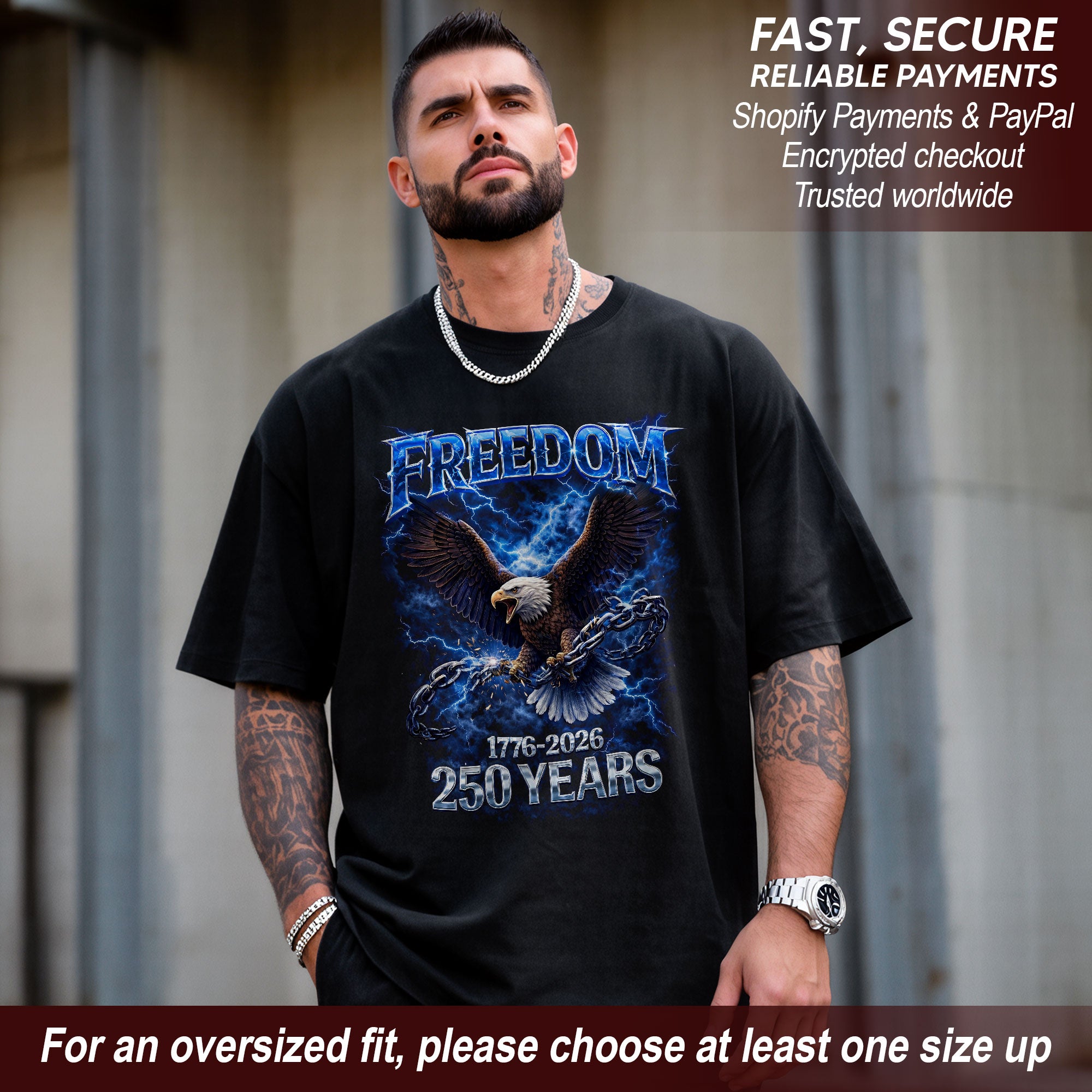 Freedom Bootleg Eagle T-Shirt 1776–2026 – Breaking Chains Patriotic Graphic Tee 250 Years of America