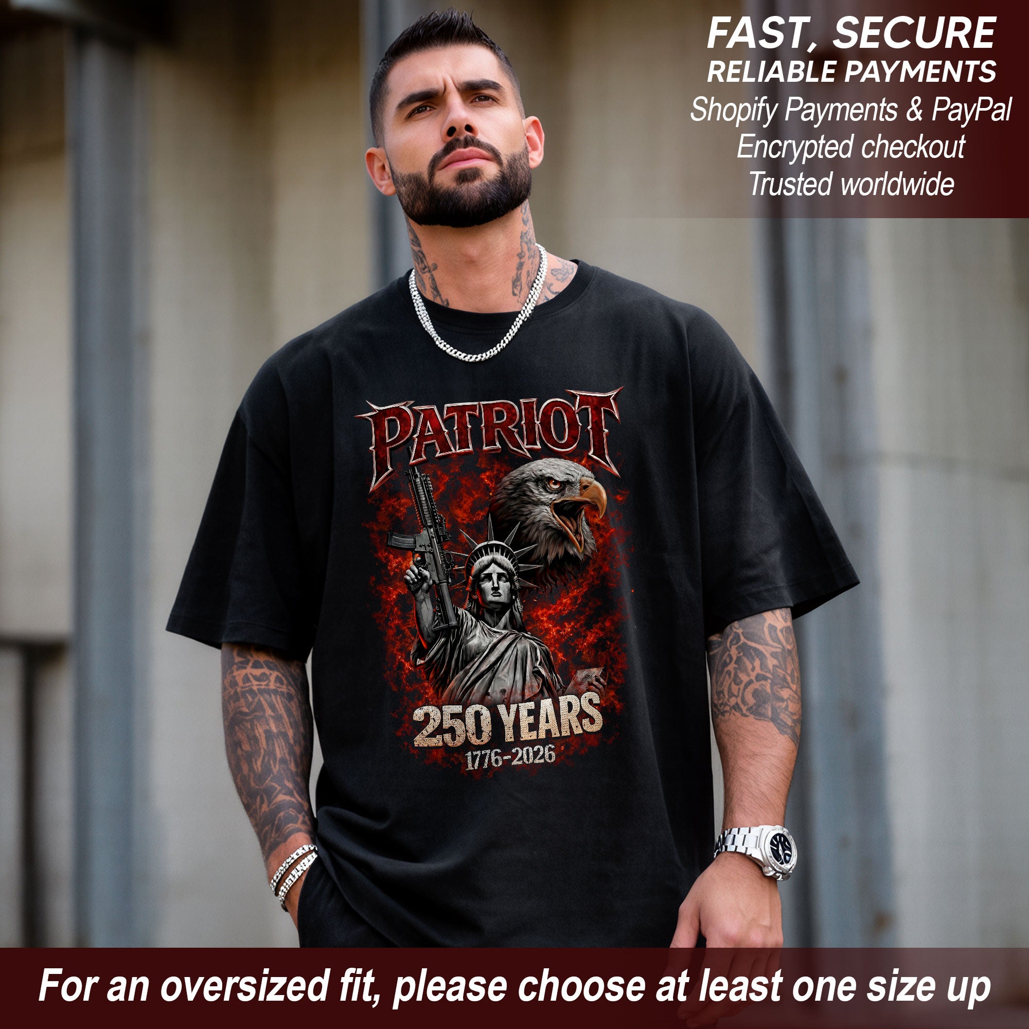 Patriot 250 Years Bootleg Tee – Liberty, Eagle & Firepower Street Graphic
