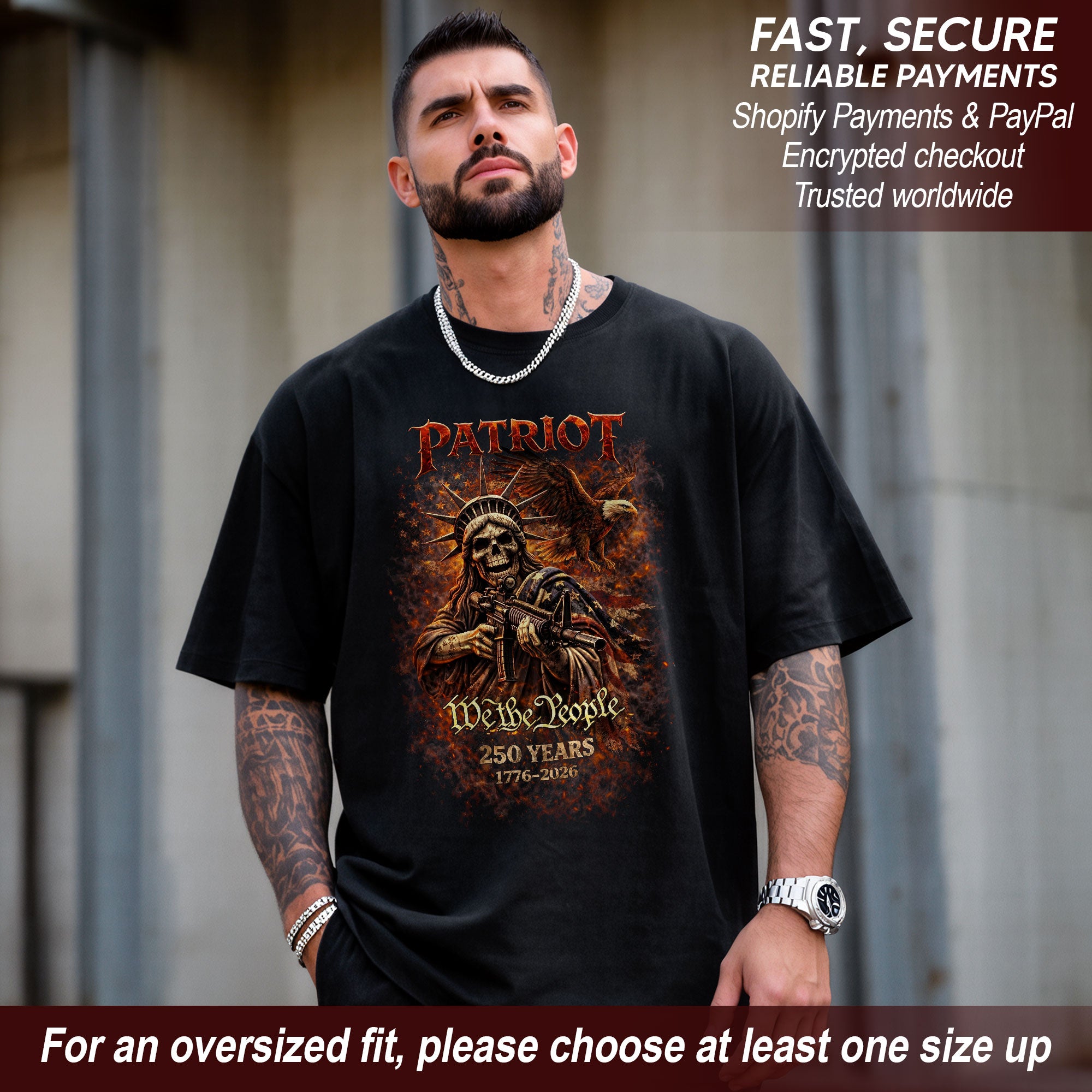 Patriot We The People Bootleg Tee – Skull Liberty, Eagle & 250 Years Street Art