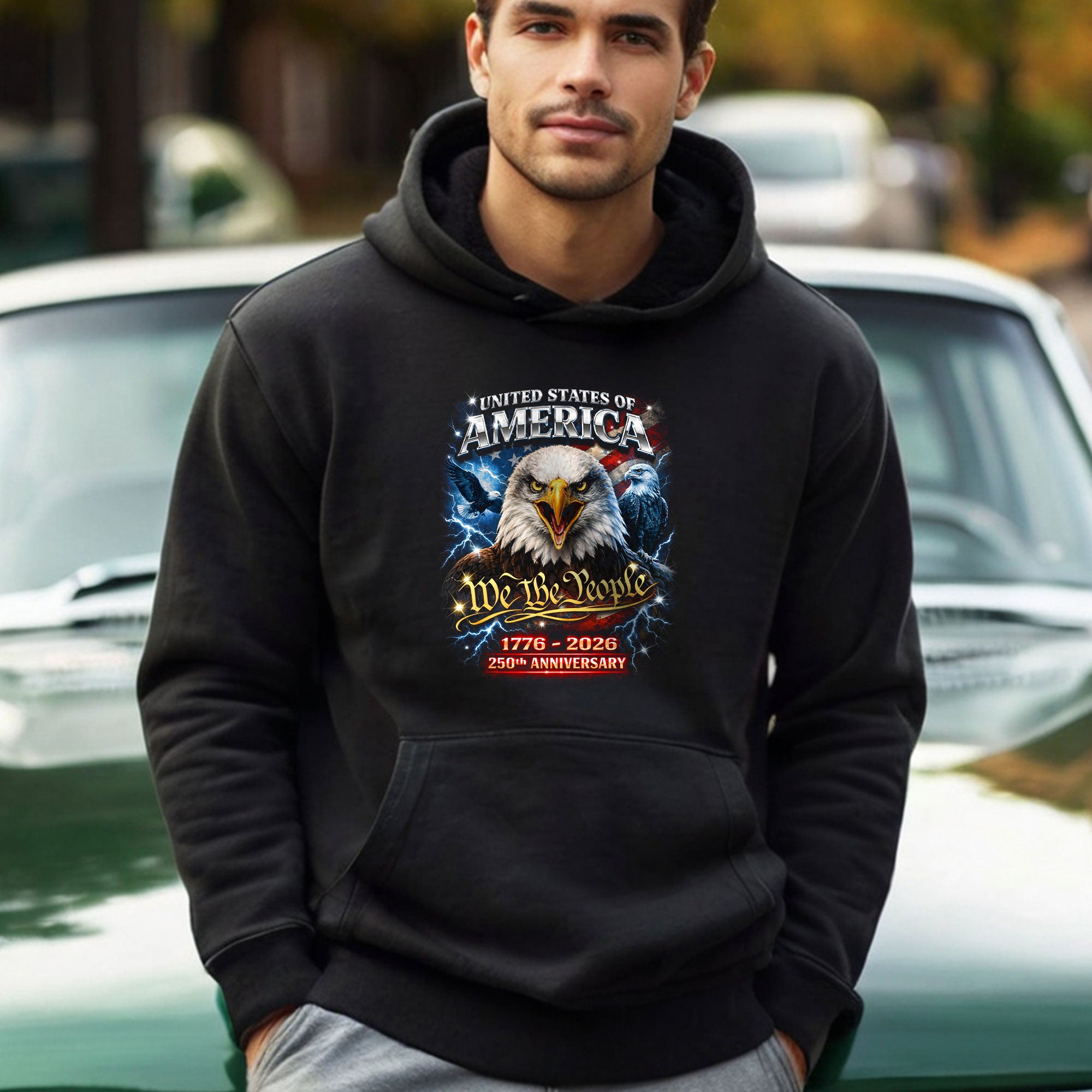 Retro 90s Bootleg United States 250 Anniversary Hoodie - 1776-2026 We The People Eagle Graphic Hoodie, Retro Patriotic Apparel
