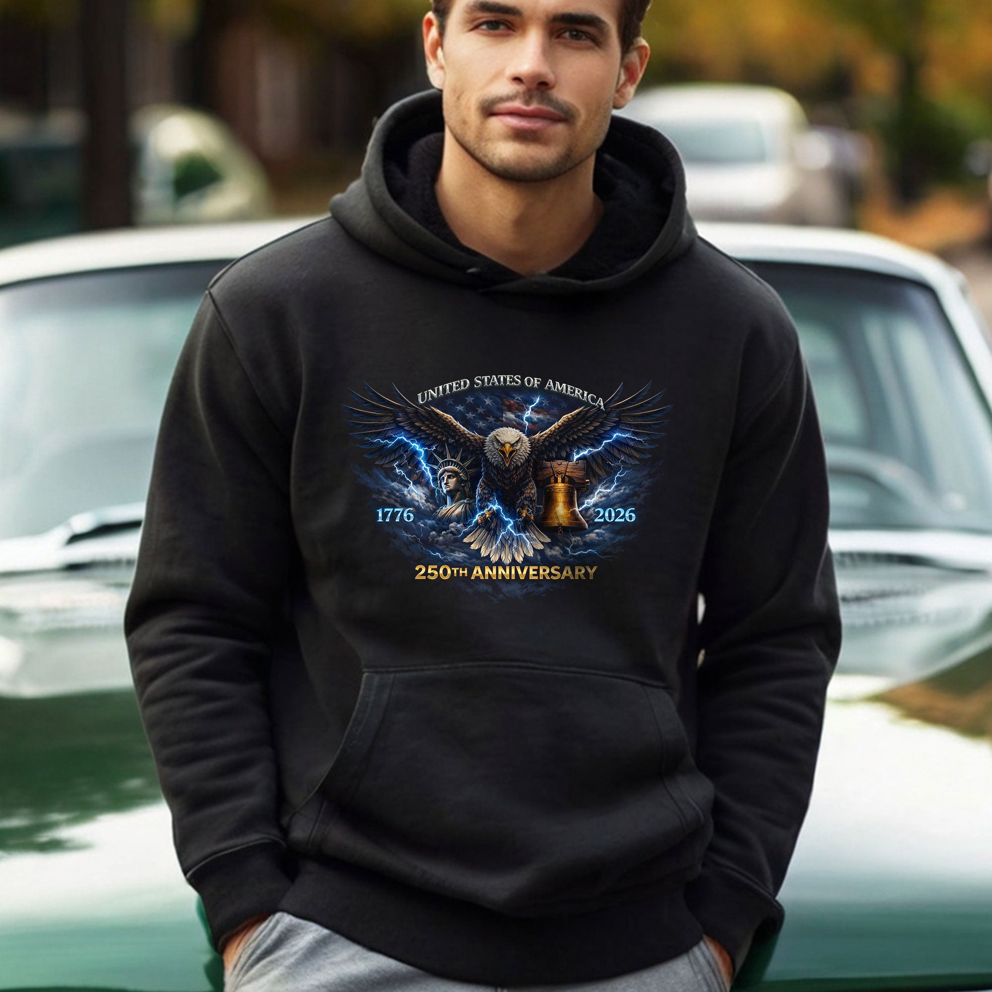 USA 250th Anniversary Hoodie - Vintage Bootleg 1776-2026 Semiquincentennial, Patriotic Liberty Bell & Eagle Freedom Graphic Hoodie