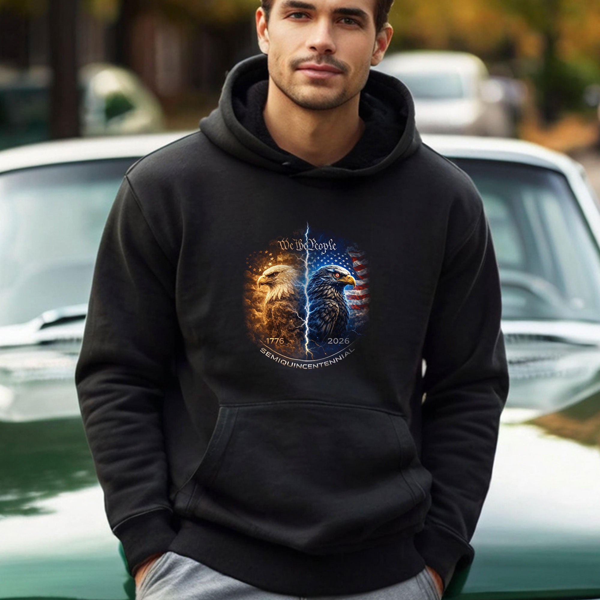1776-2026 250 Years America Anniversary Hoodie - Vintage Bootleg We The People Hoodie, Fire & Ice Symmetrical Eagle Graphic