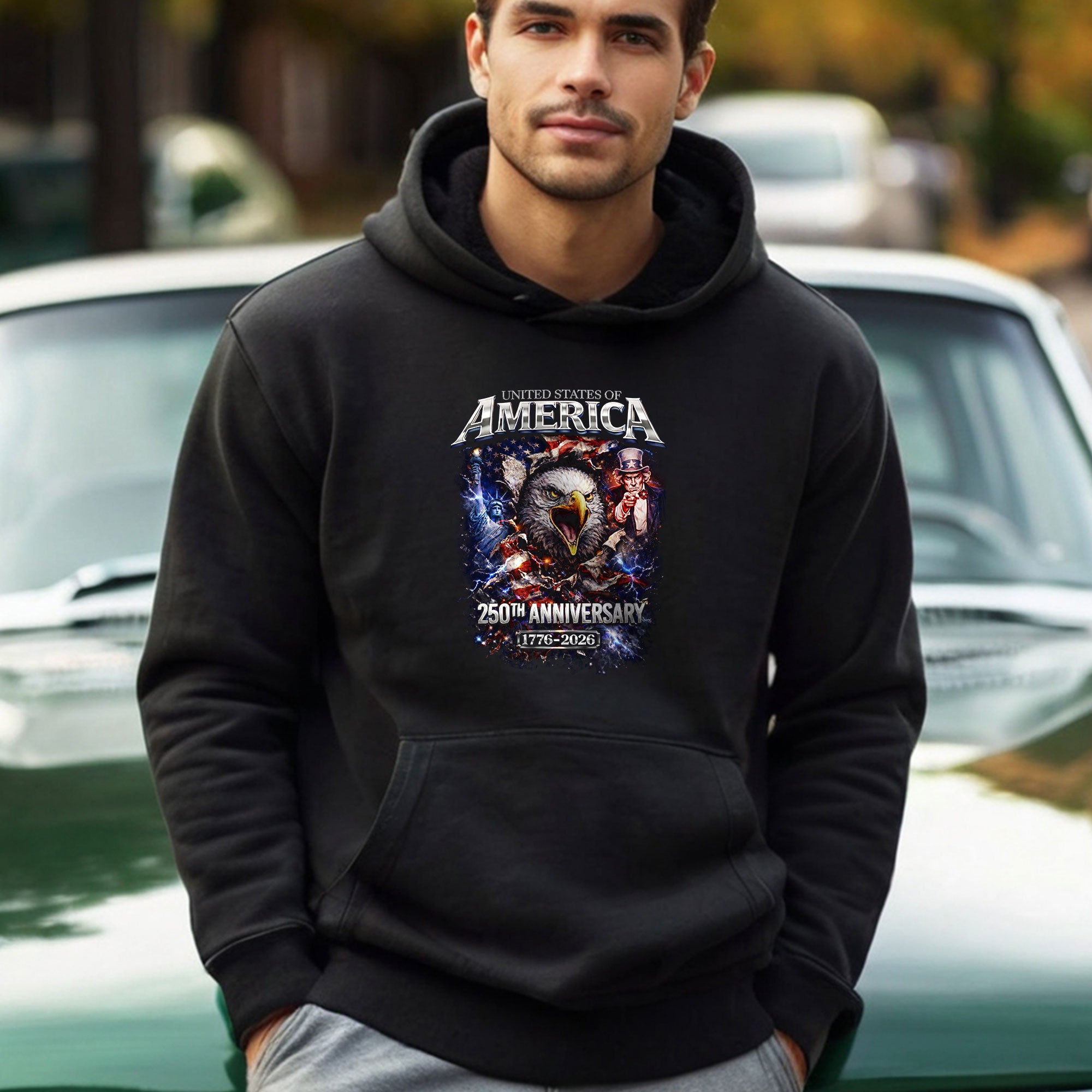 USA 250th Anniversary 1776-2026 Semiquincentennial Hoodie – Uncle Sam Bald Eagle Flag Patriotic 250th Birthday Men’s Hoodie