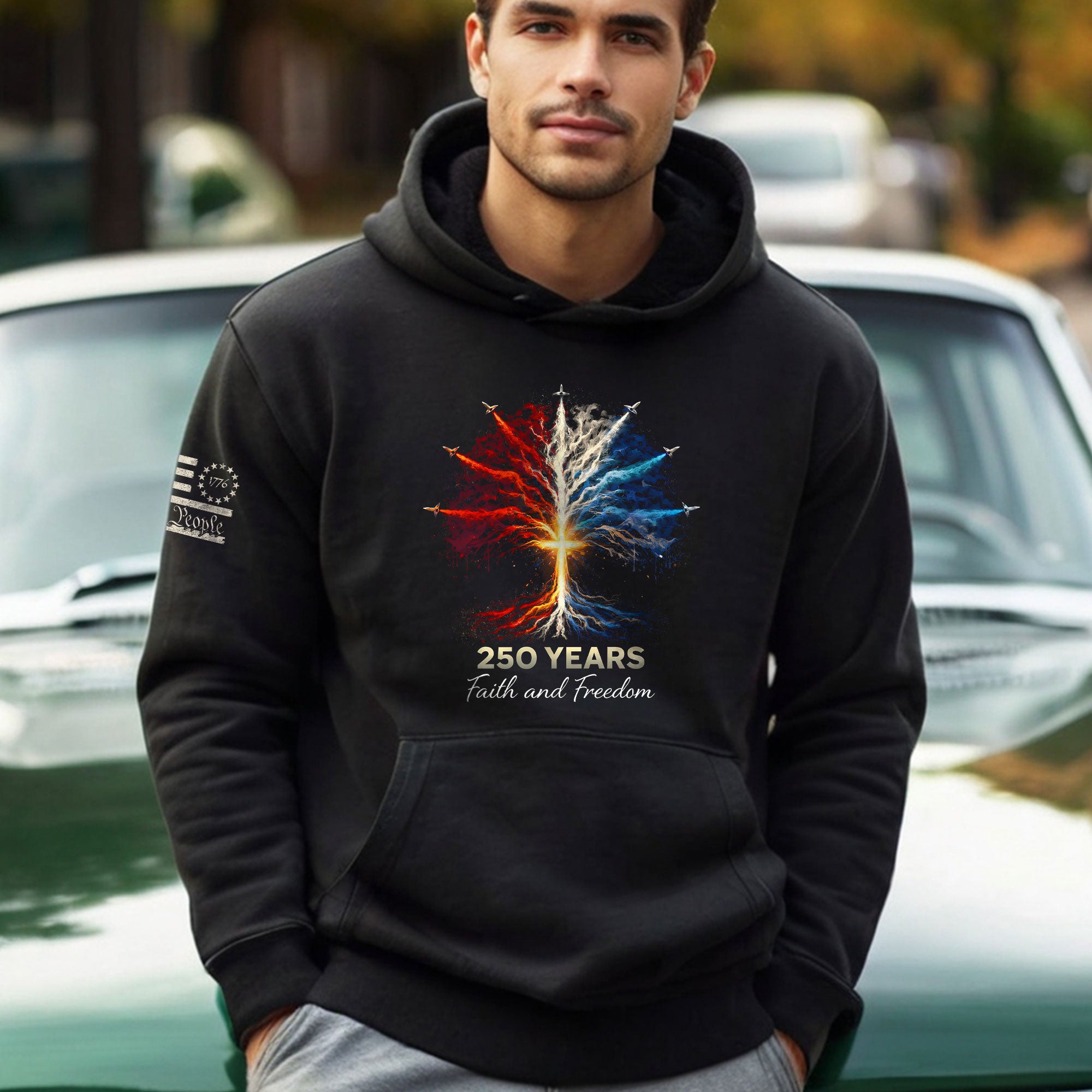 USA 250th Anniversary Hoodie 1776-2026 – Tree of Life Jet Fighter Faith & Freedom Patriotic Men’s Hoodie