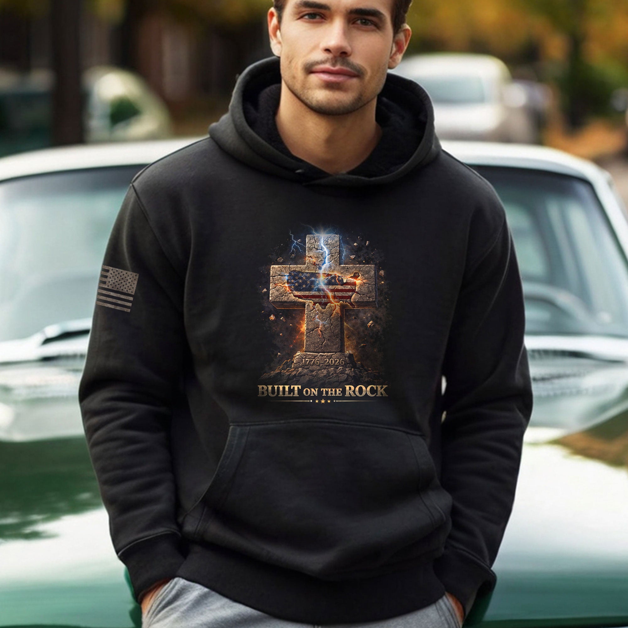America 250th Anniversary Hoodie 1776-2026 – Built on the Rock 250 Years of Faith Christian Cross Patriotic Hoodie