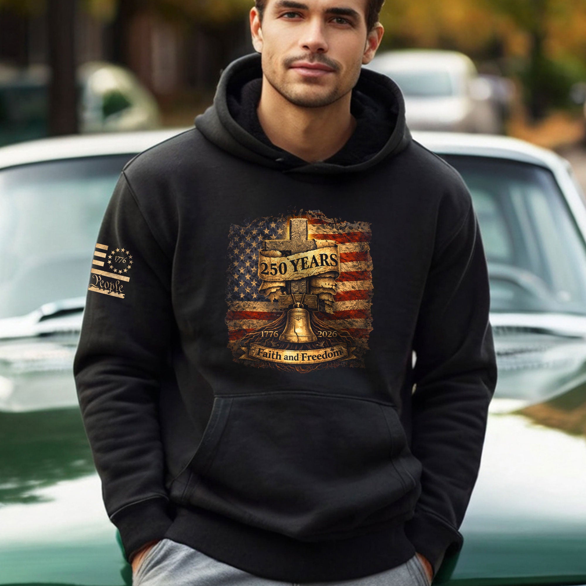 USA 250th Anniversary 1776-2026 Semiquincentennial Hoodie – Christian Faith and Freedom Cross & Liberty Bell America 250 Hoodie