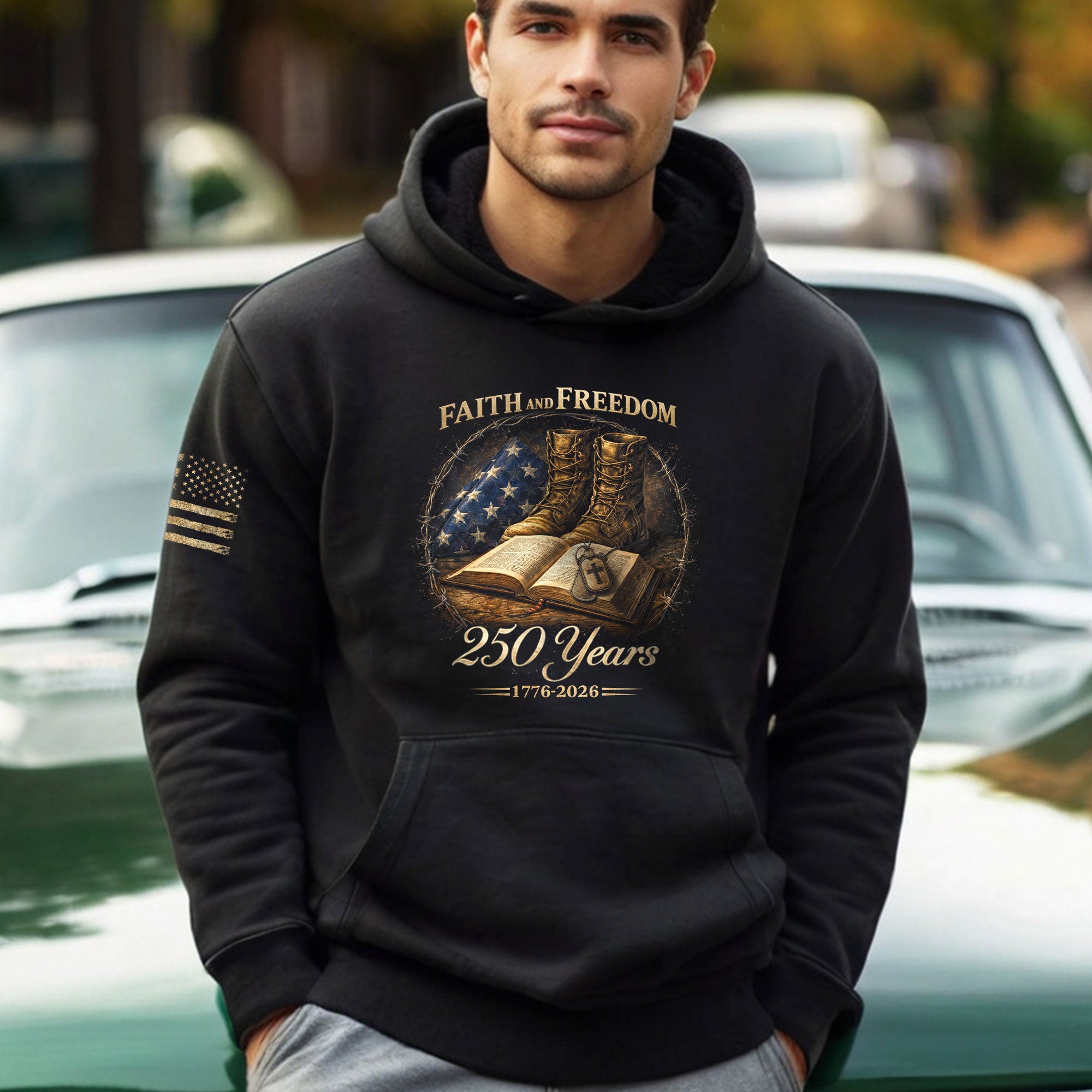 America 250th Anniversary 1776-2026 Semiquincentennial Hoodie – Faith and Freedom Christian Bible & Military Boots Patriotic Men’s Hoodie