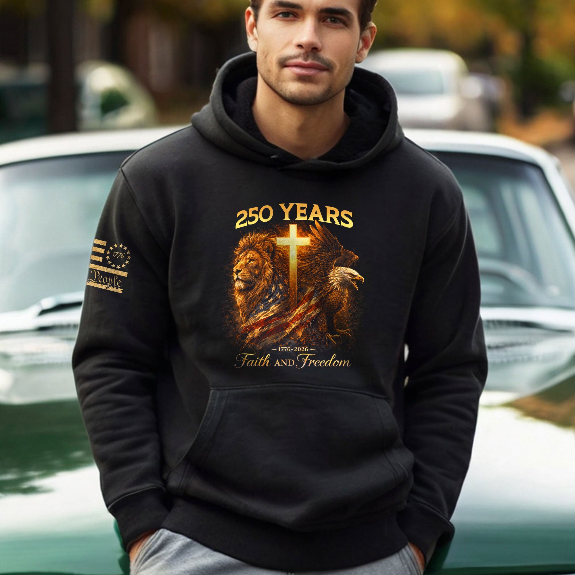 USA 250th Anniversary 1776-2026 Semiquincentennial Hoodie – Christian Lion & Eagle Faith and Freedom Cross Patriotic Hoodie