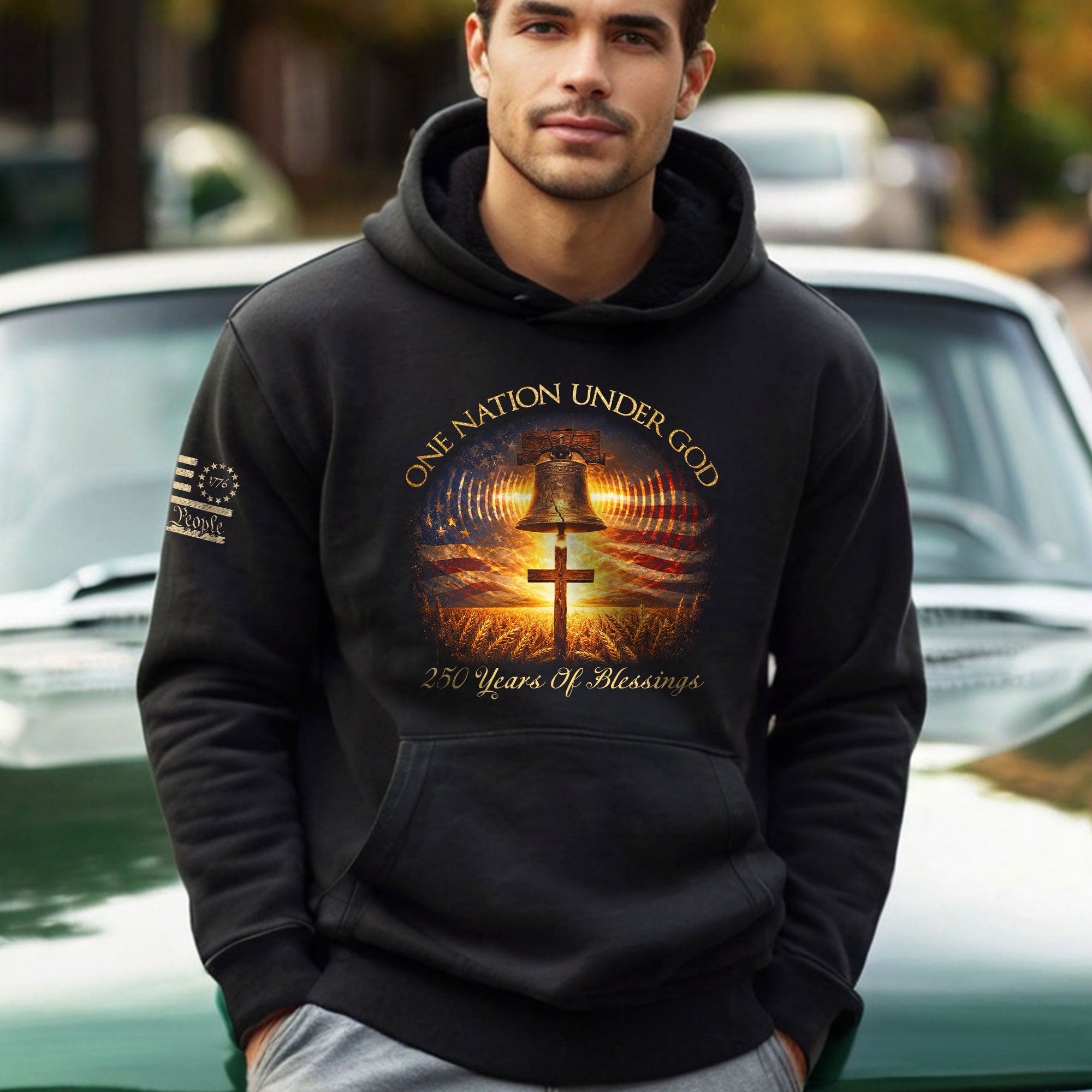 America 250th Anniversary Hoodie 1776-2026 – Liberty Bell & Cross One Nation Under God Patriotic Men’s Hoodie