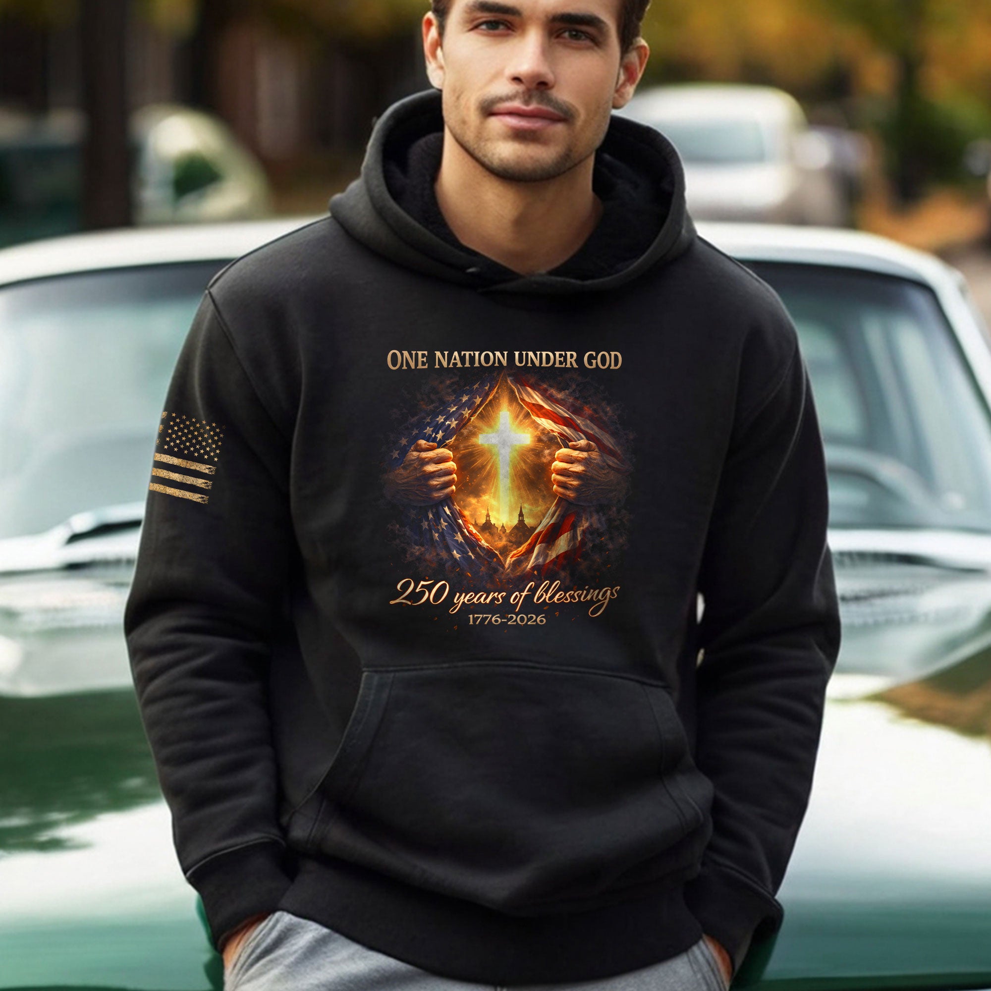 USA 250th Anniversary 1776-2026 Semiquincentennial Hoodie – 250 Years of Blessings Jesus American Flag Christian Patriotic Hoodie