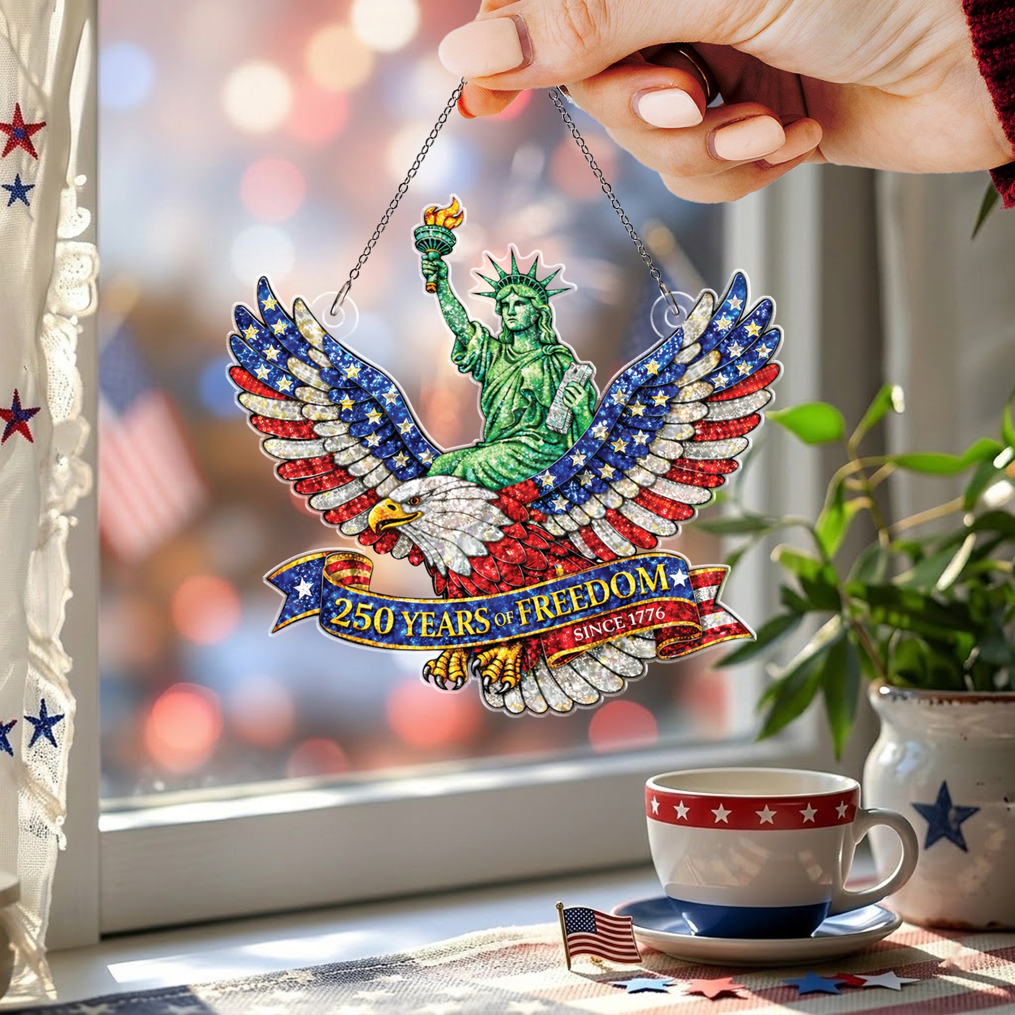 America 250th Anniversary Glitter Eagle Statue of Liberty Patriotic Acrylic Suncatcher Ornament