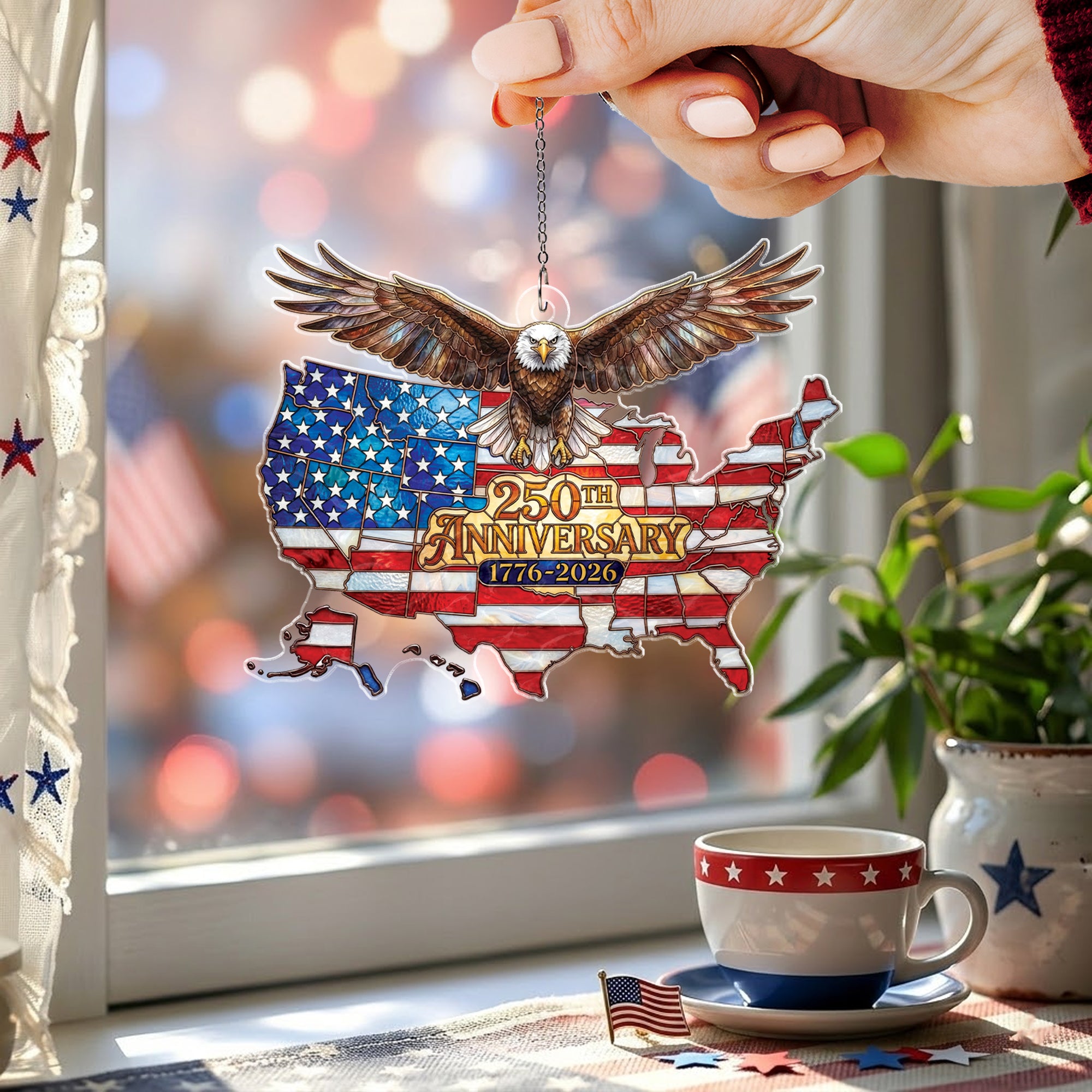 America 250th Anniversary 1776-2026 USA Map and Bald Eagle Acrylic Suncatcher Ornament