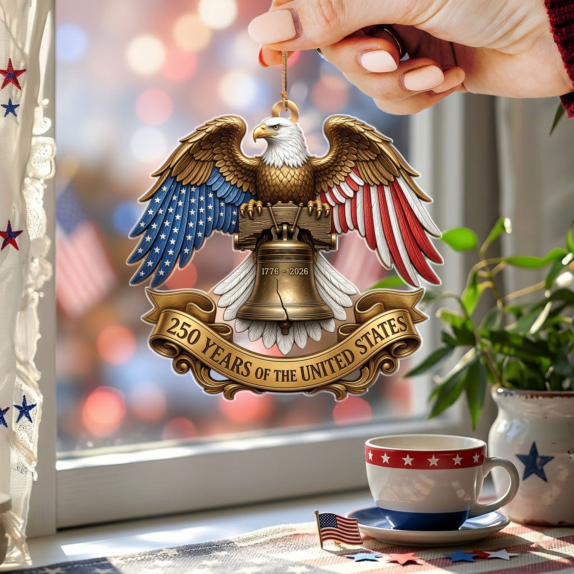 250 Years United States 1776-2026 Golden Ribbon Liberty Bell Eagle Acrylic Ornament