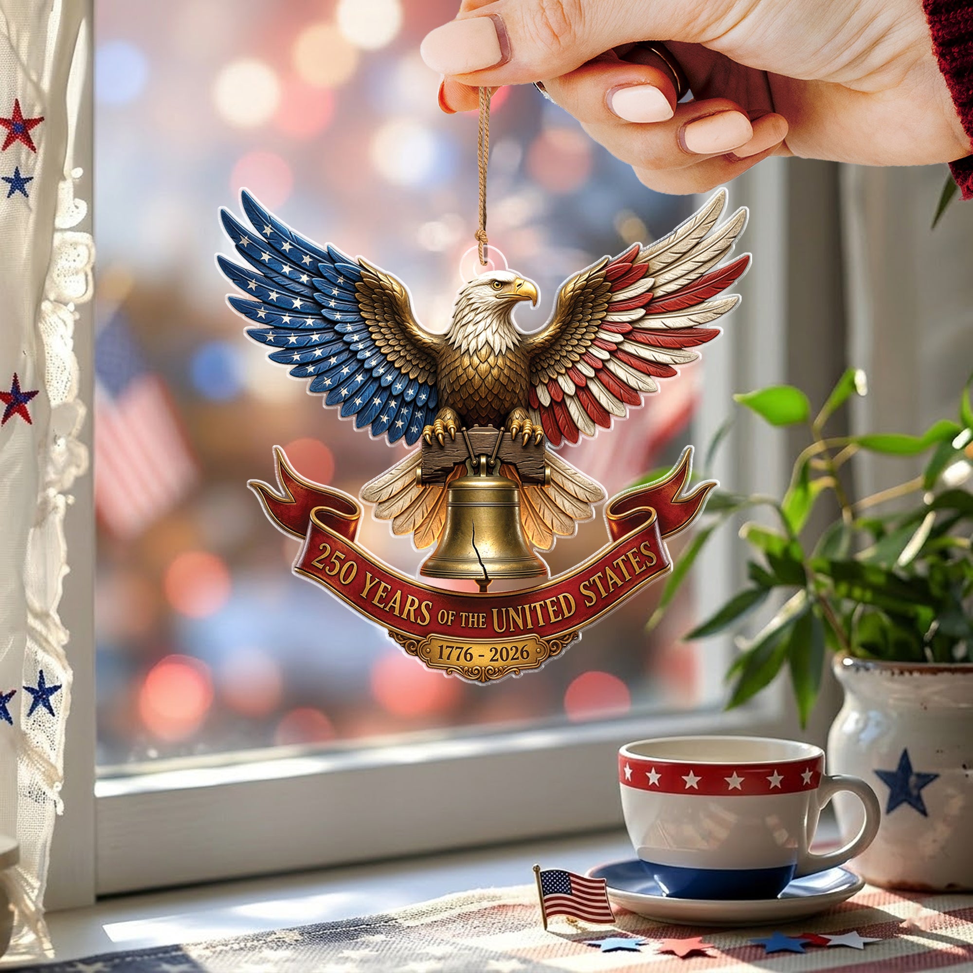 United States 250 Years 1776-2026 Patriotic Red Ribbon Liberty Bell Acrylic Ornament