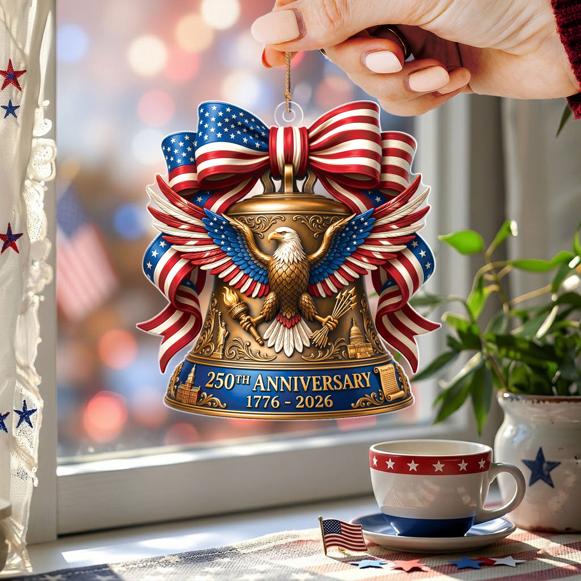 United States 250th Anniversary 1776-2026 Red White Blue Bow Acrylic Ornament Keepsake