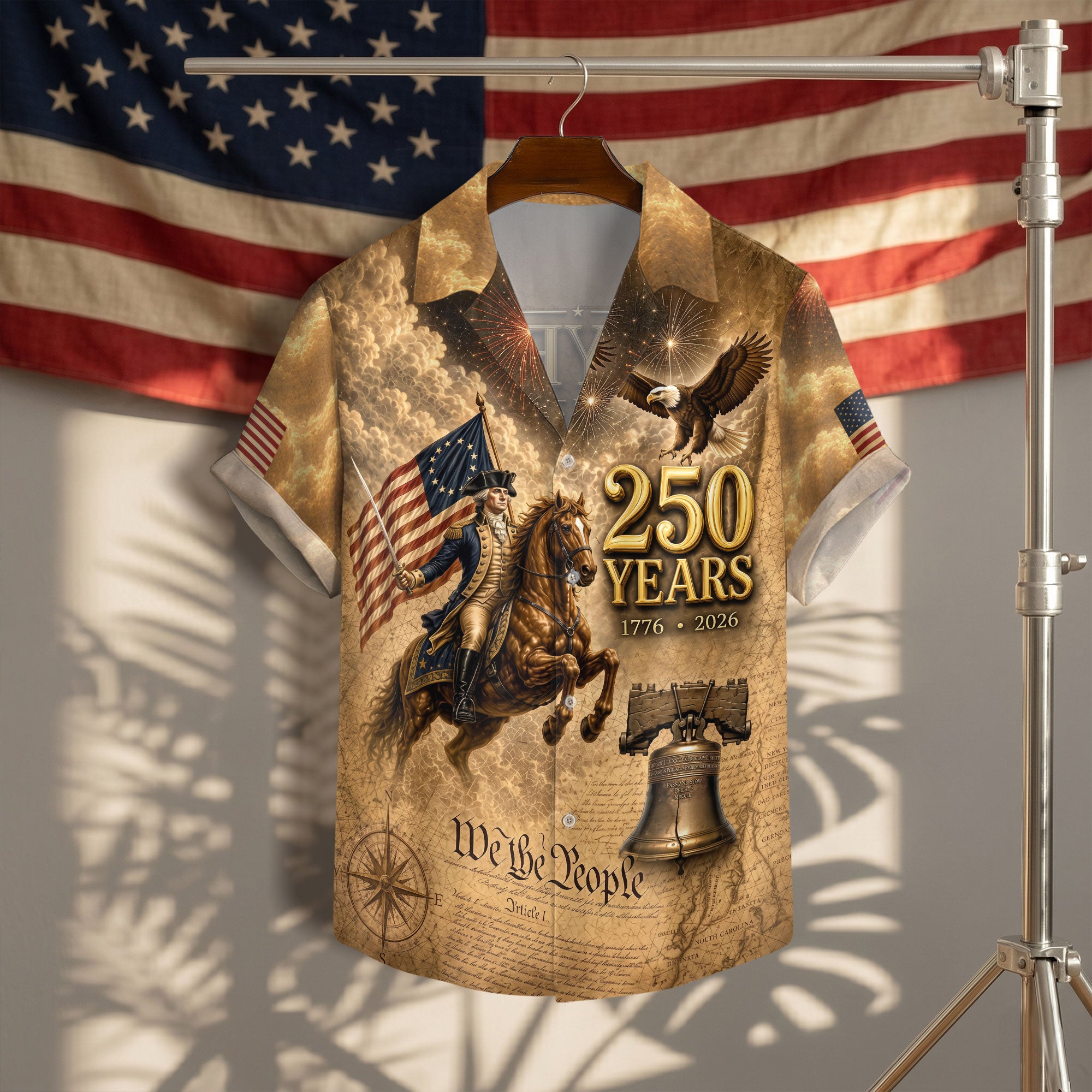 Hawaiian Shirt Patriotic 1776-2026 George Washington US Flag Liberty Bell