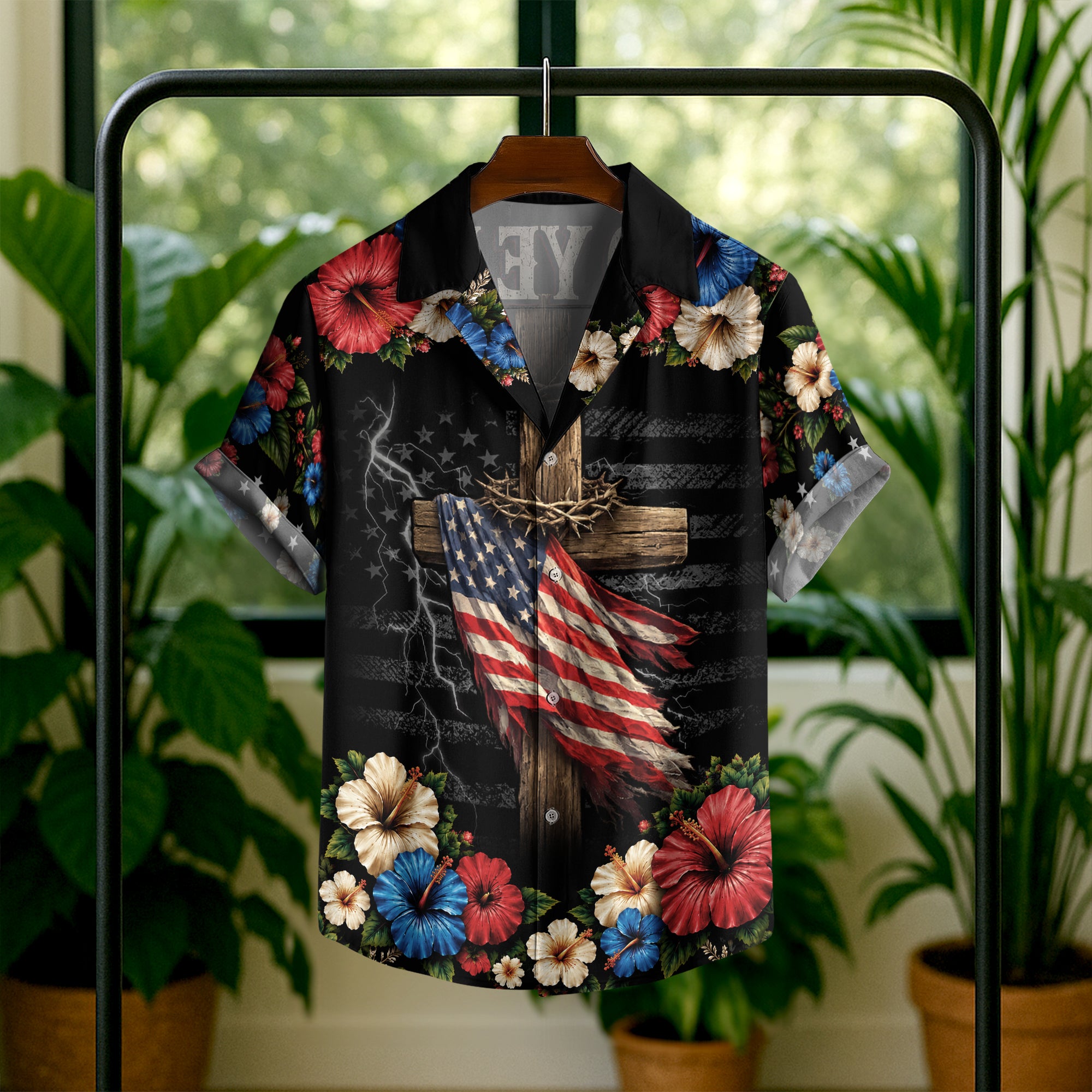 Hawaiian Shirt Christian Under God Cross US Flag 1776 2026 Patriotic Floral