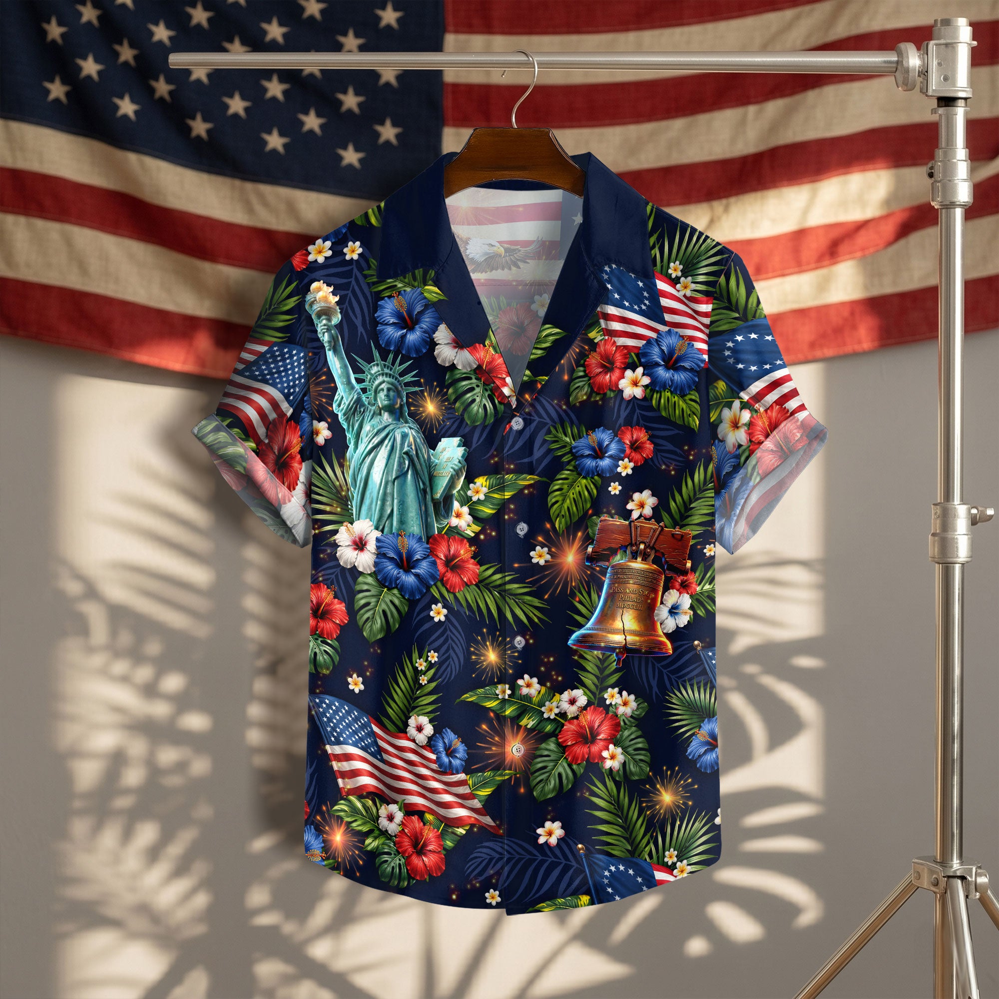 Hawaiian Shirt Patriotic US Flag Hibiscus Floral Eagle Liberty Bell Independence Day