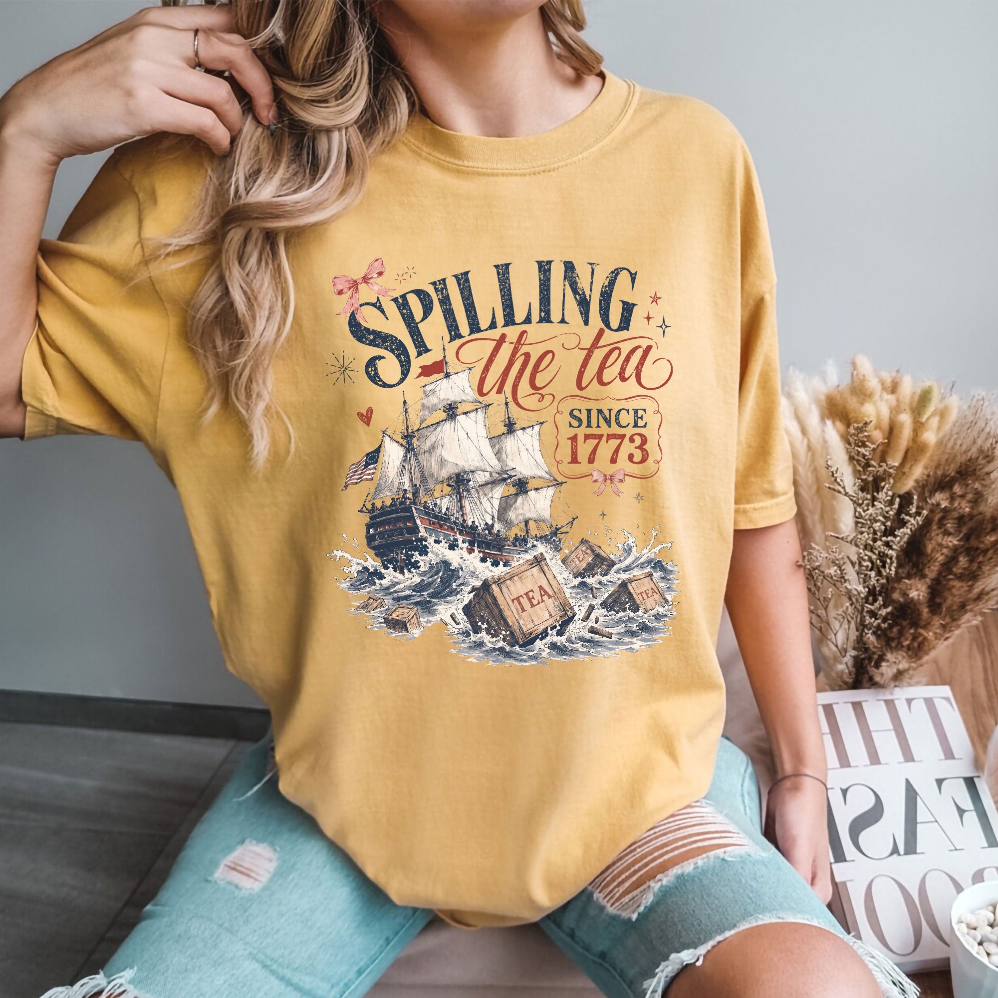 Spilling The Tea Since 1773 Shirt Cute Coquette Bow Graphic Tee Boston Tea Party Top