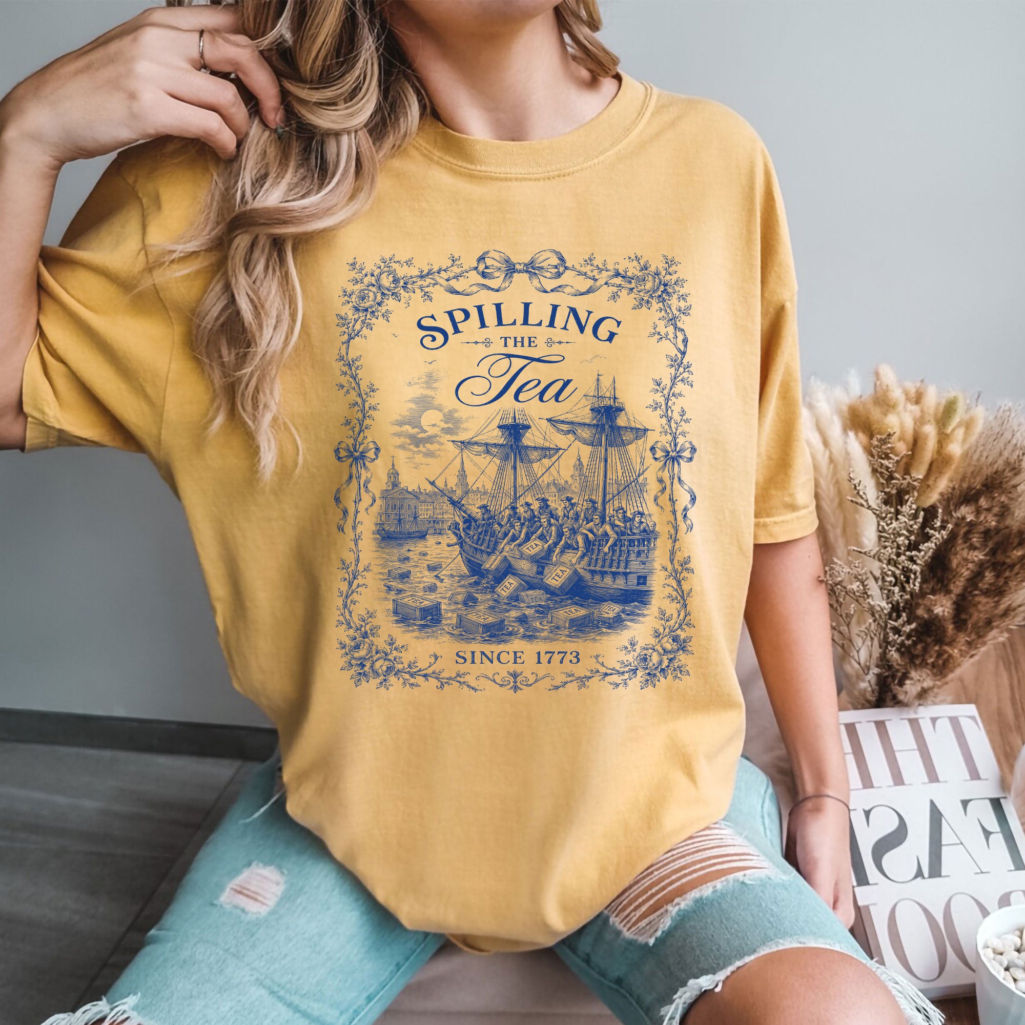 Spilling The Tea Since 1773 Shirt Vintage Blue Floral Tee Classic Boston Tea Party Top