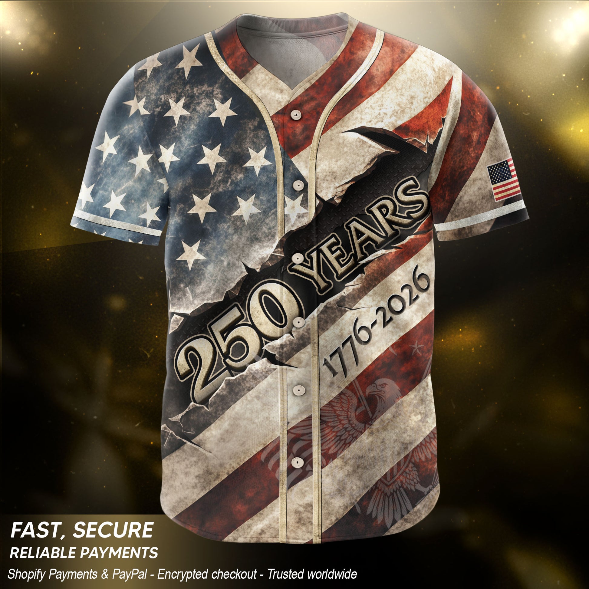 America Baseball Jersey 250 Years 1776-2026 Ripped Flag Patriotic Statue Of Liberty - Rust Field Wear