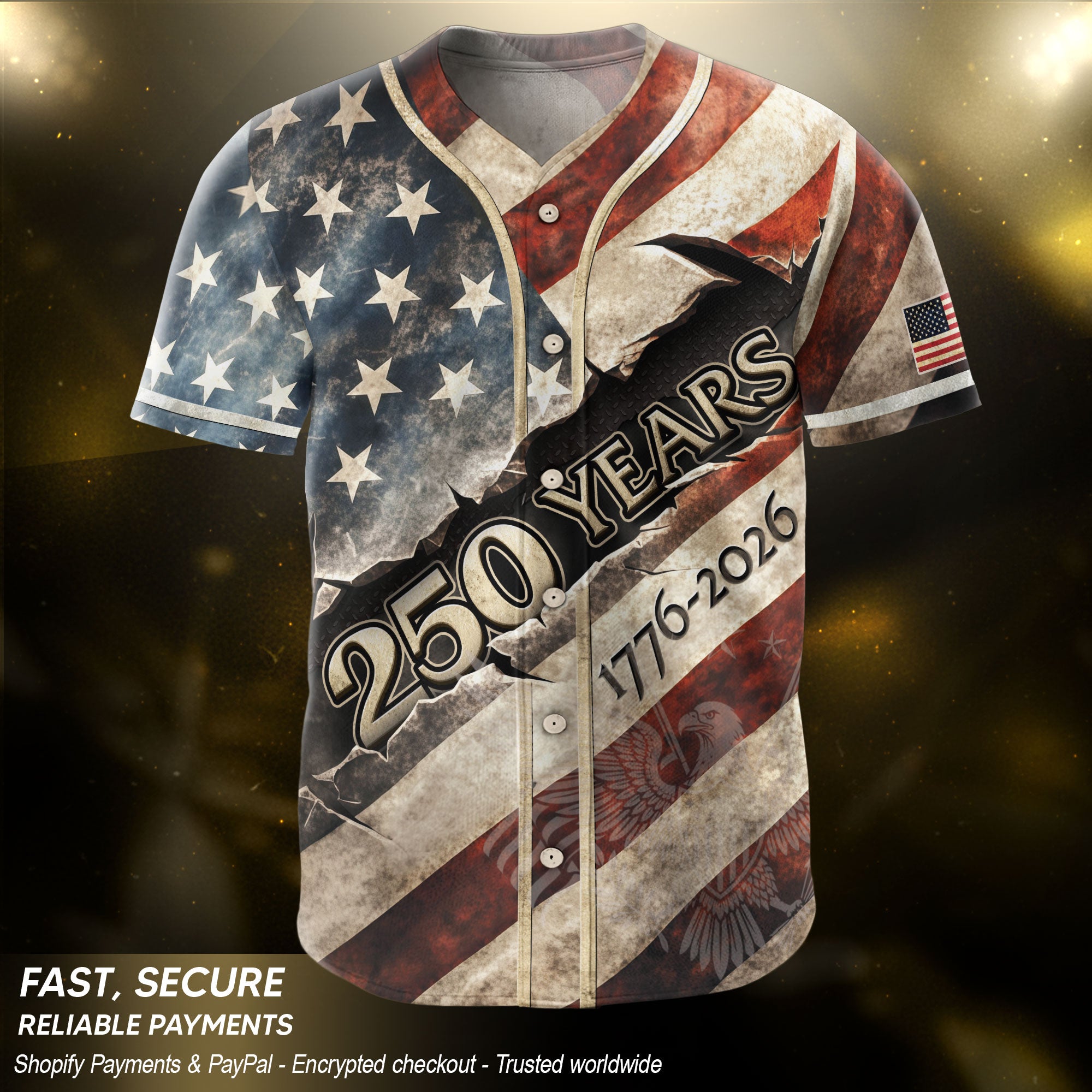 America Baseball Jersey 250 Years 1776-2026 Ripped Flag Patriotic Statue Of Liberty - Rust Field Wear