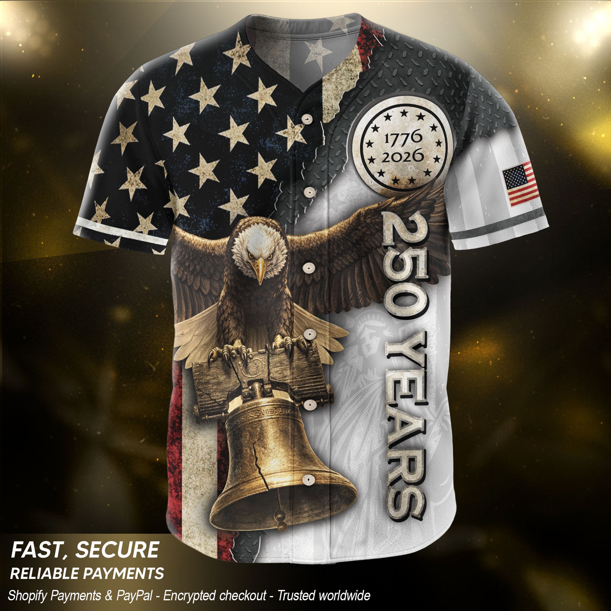 America Baseball Jersey 250 Years 1776-2026 Eagle Liberty Bell Patriotic Button Shirt - Rust Field Wear