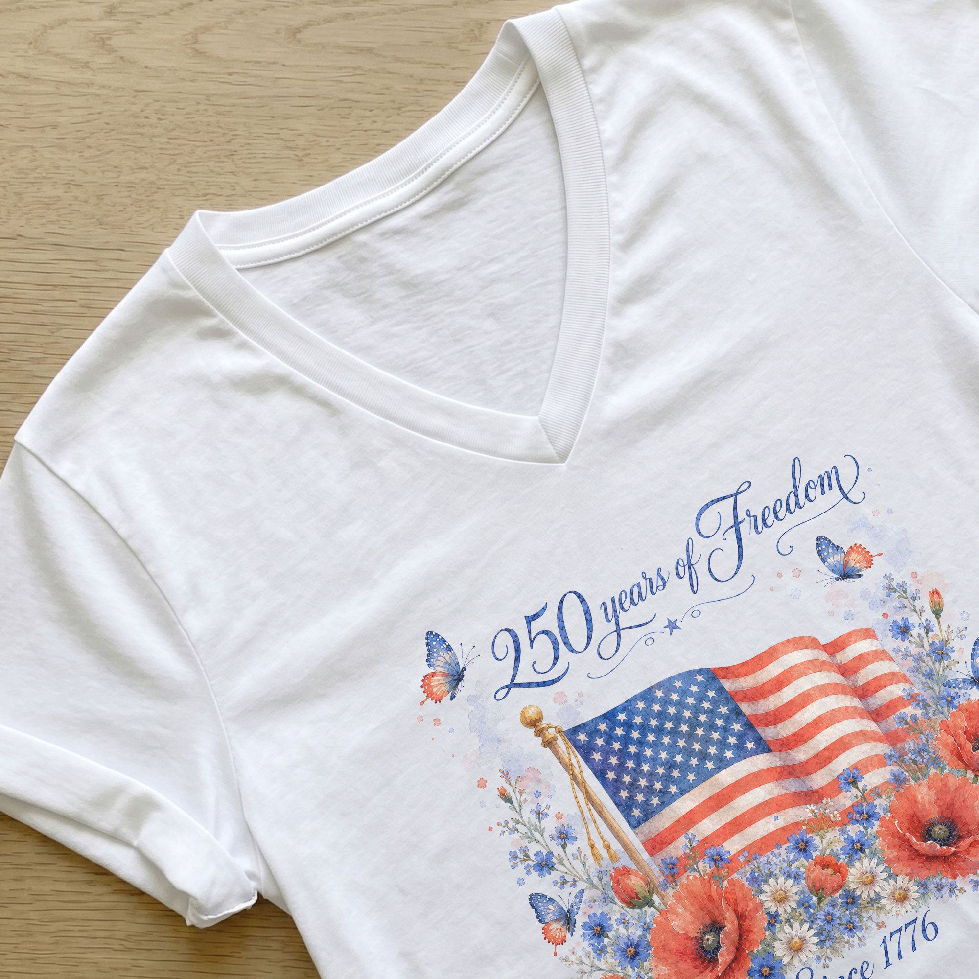 American Flag Floral V-Neck Shirt - 250 Years of Freedom Patriotic Graphic Tee Women