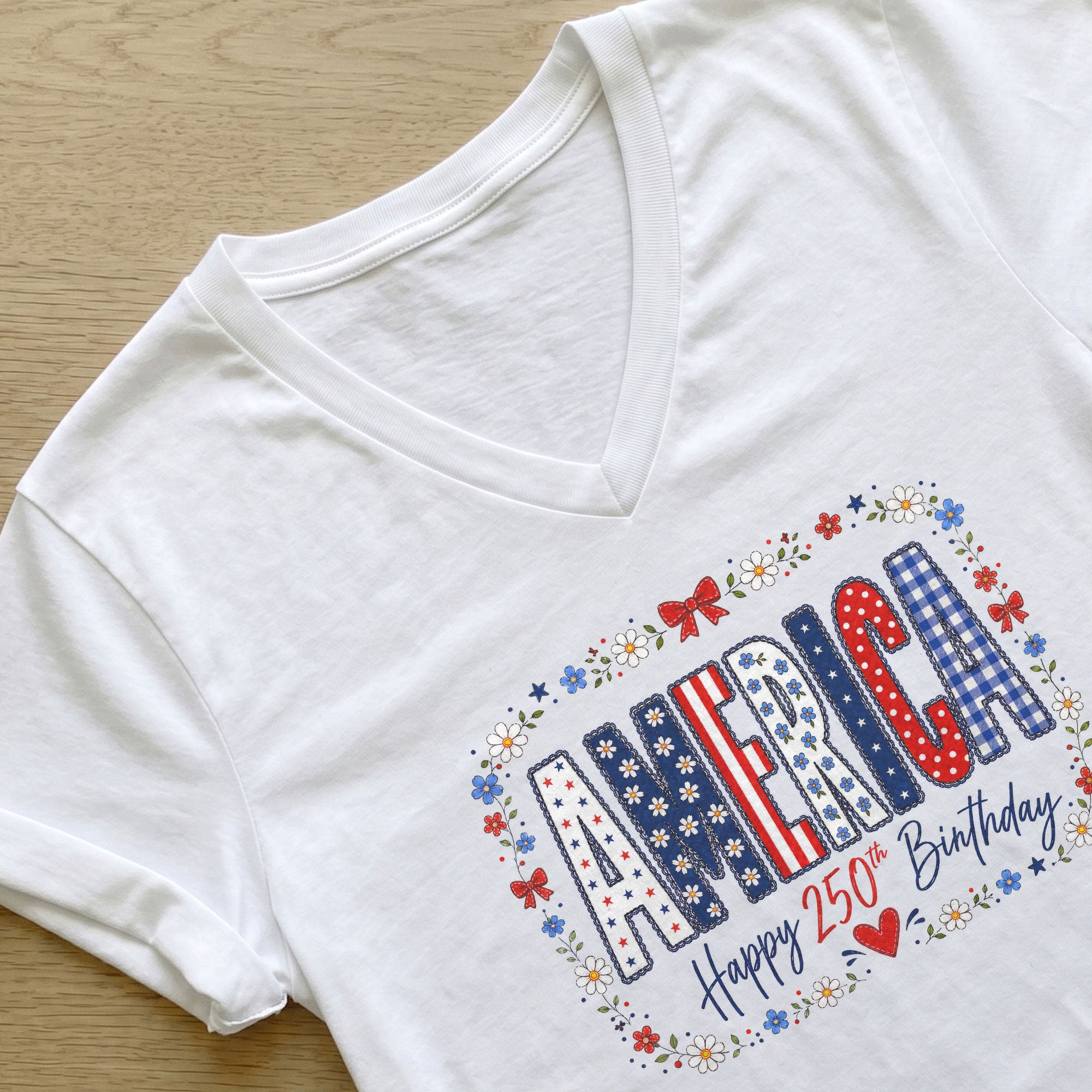 Happy 250th Birthday V-Neck Shirt - Patriotic American Flag Pattern Graphic Tee Women