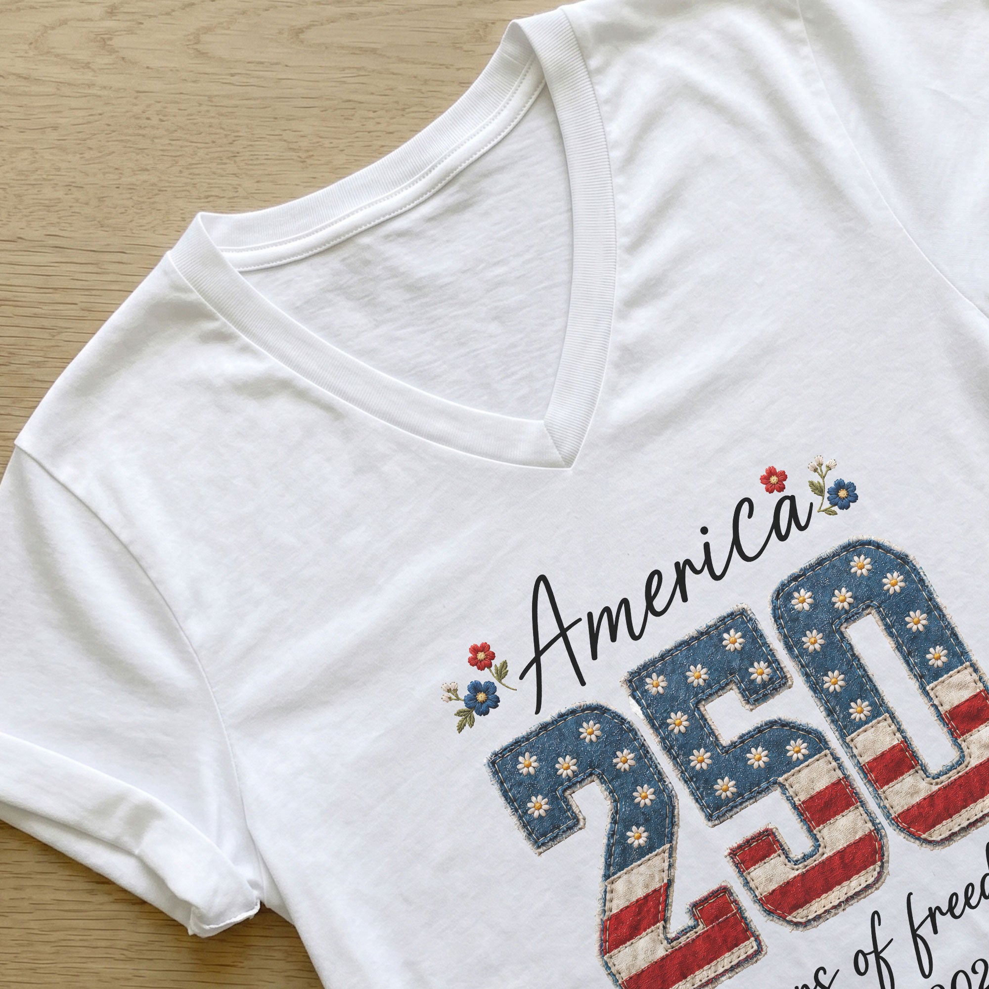 250 Years of Freedom V-Neck Shirt - Patriotic 1776-2026 American Graphic Tee Women