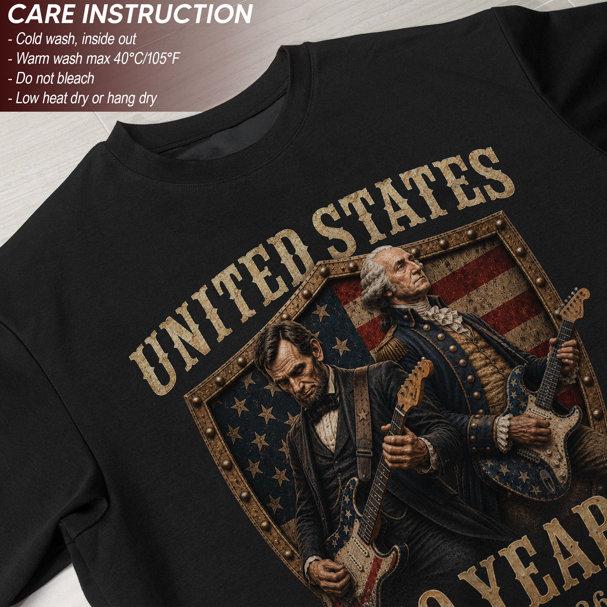 George Washington Abraham Lincoln Guitar T-Shirt 1776-2026 Patriotic 4th Of July Tee - Rust Field Wear