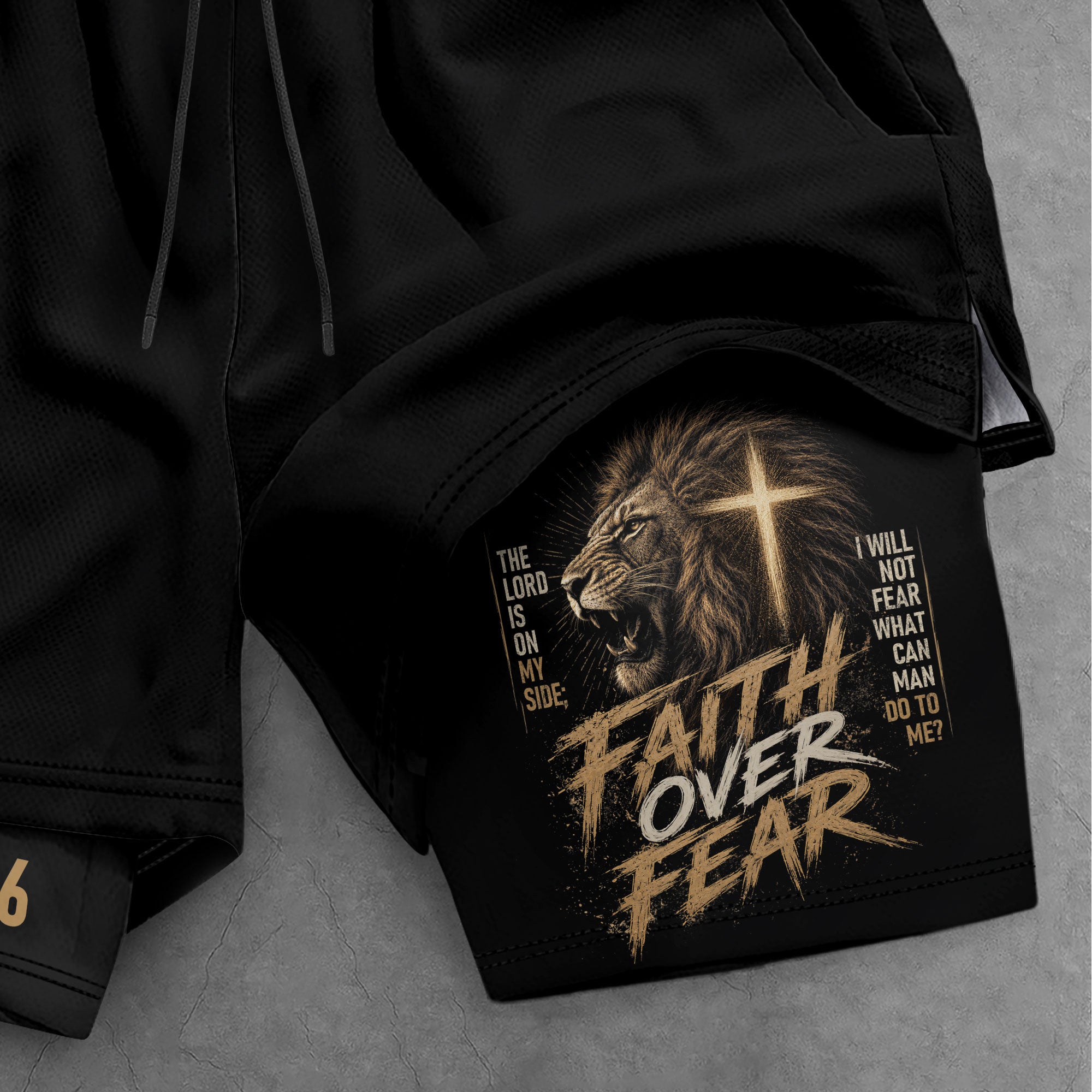 Psalms 118:6 Lion Faith Over Fear Men's Double Layer Track Shorts - Christian Gym Shorts
