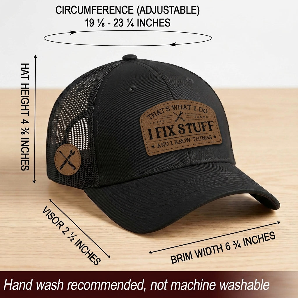 That's What I Do I Fix Stuff Leather Patch Black Trucker Cap Handy Dad Gift Idea