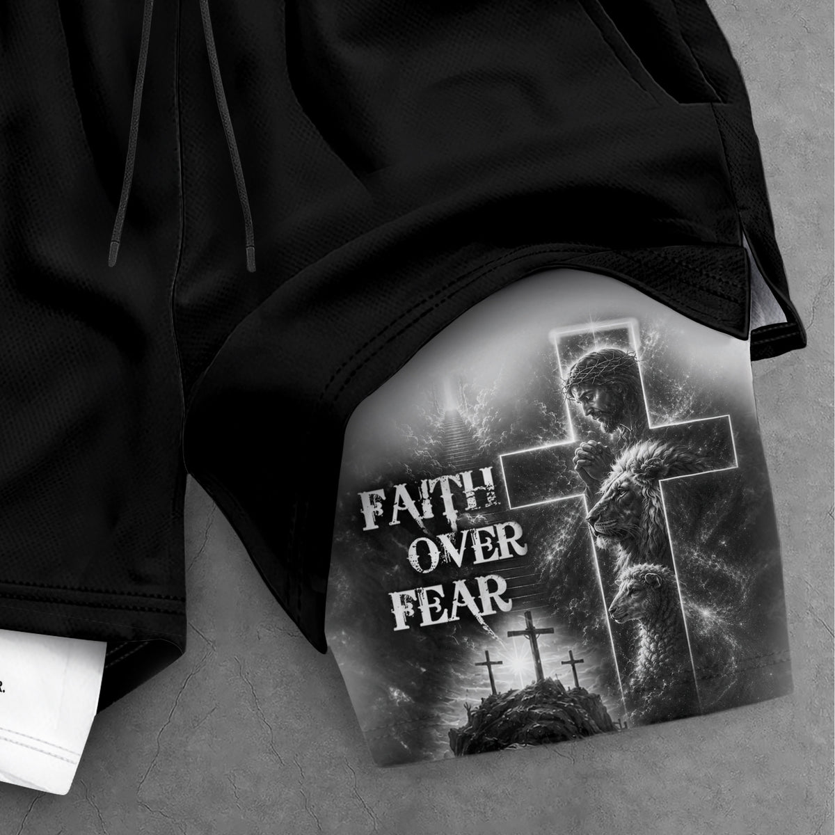 Faith Over Fear Double Layer Track Shorts Mens Christian Athletic Gym Shorts Cross Lion - Rust Field Wear
