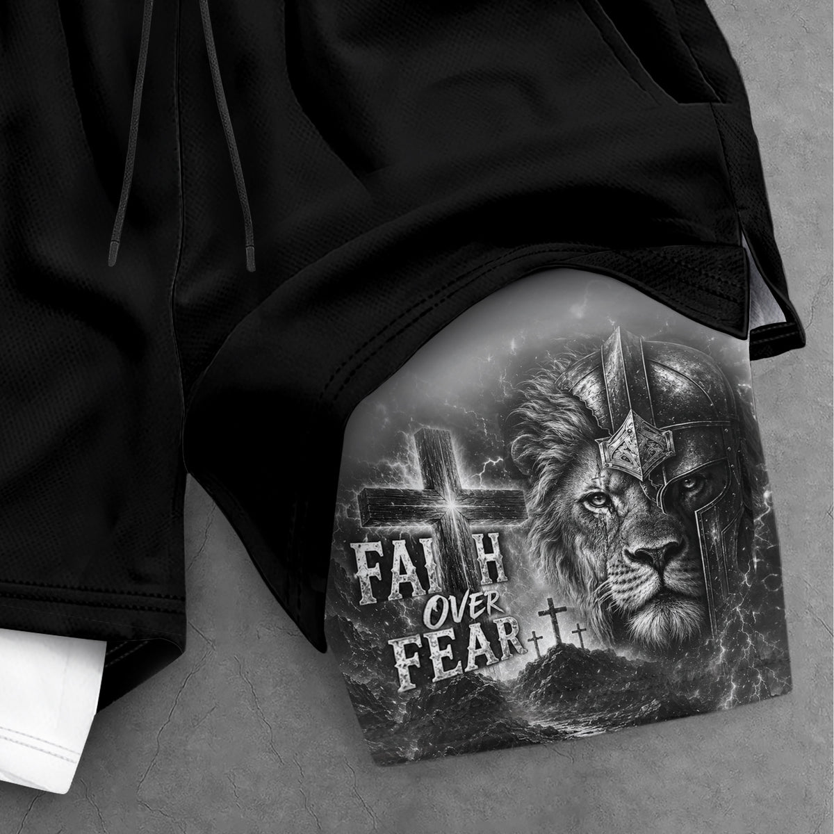 Faith Over Fear Mens Double Layer Track Shorts Warrior Lion Christian Gym Shorts Psalms 118:6 - Rust Field Wear