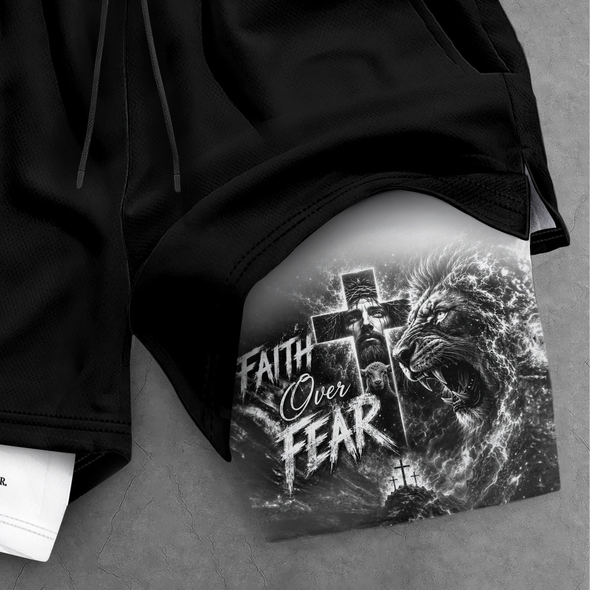 Mens Double Layer Track Shorts Faith Over Fear Christian Gym Workout Shorts Psalms 118:6 - Rust Field Wear