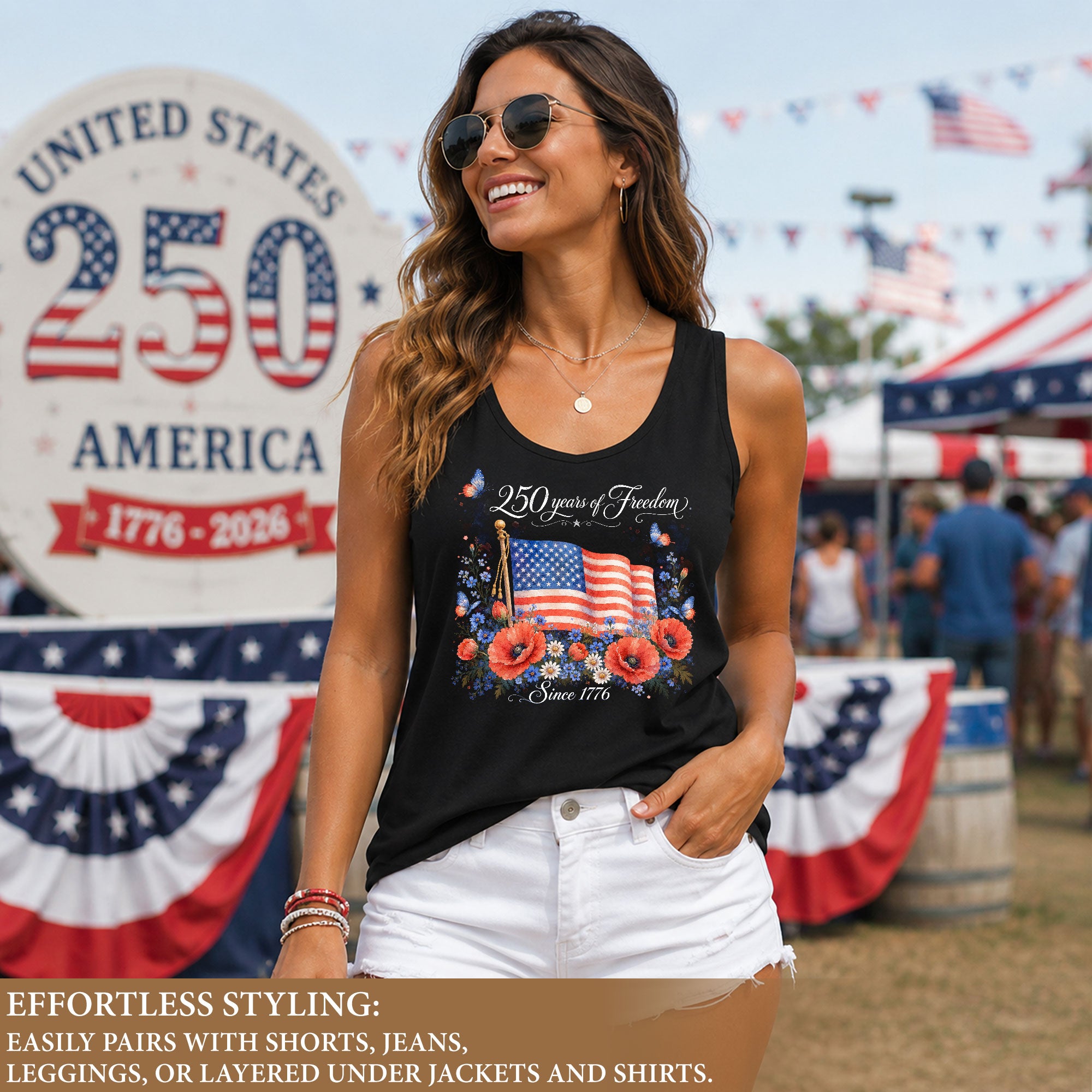 Women's Patriotic Tank Top 250 Years of Freedom Floral US Flag 1776 Graphic Shirt