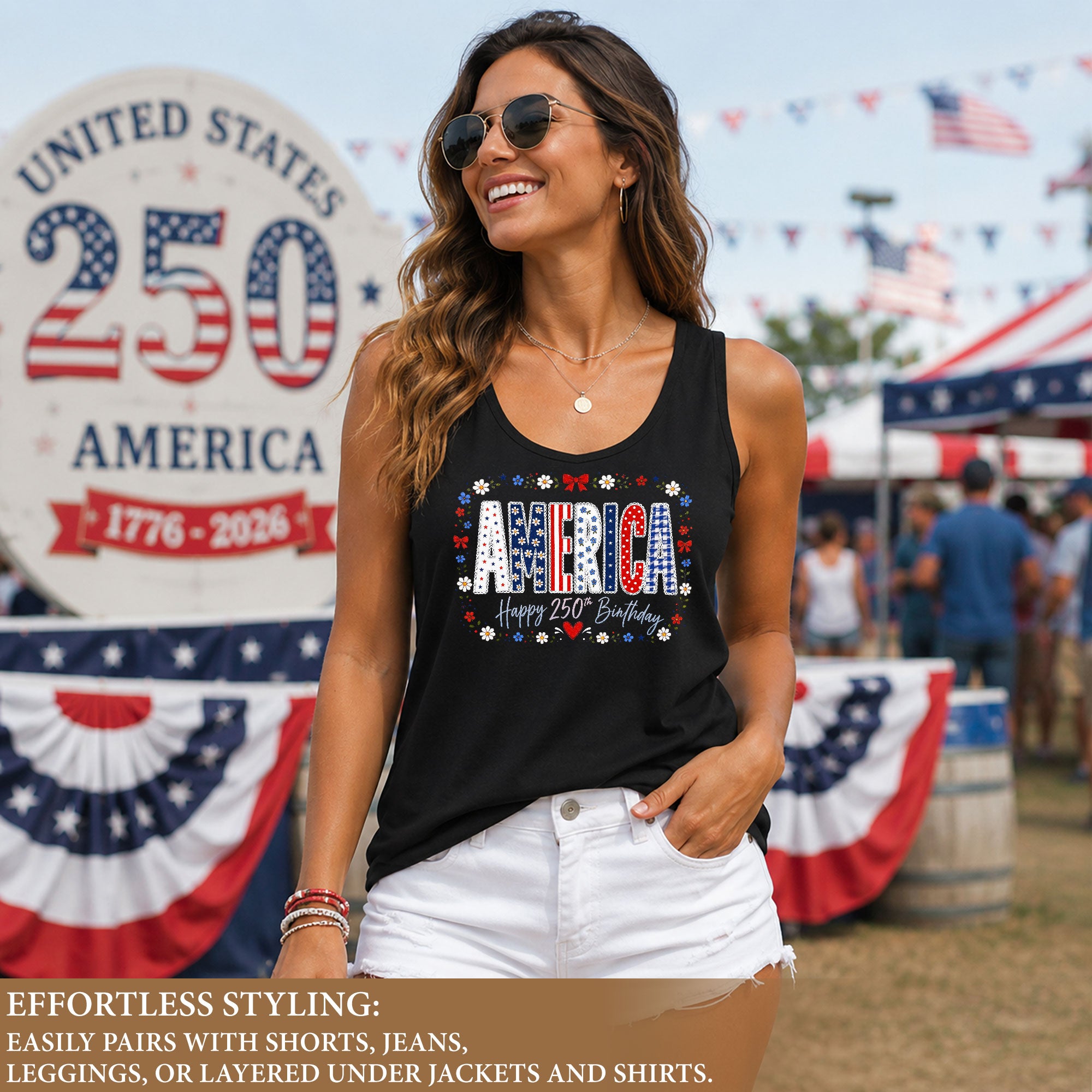 Women's Patriotic Tank Top America Happy 250th Birthday Floral Graphic Summer Shirt