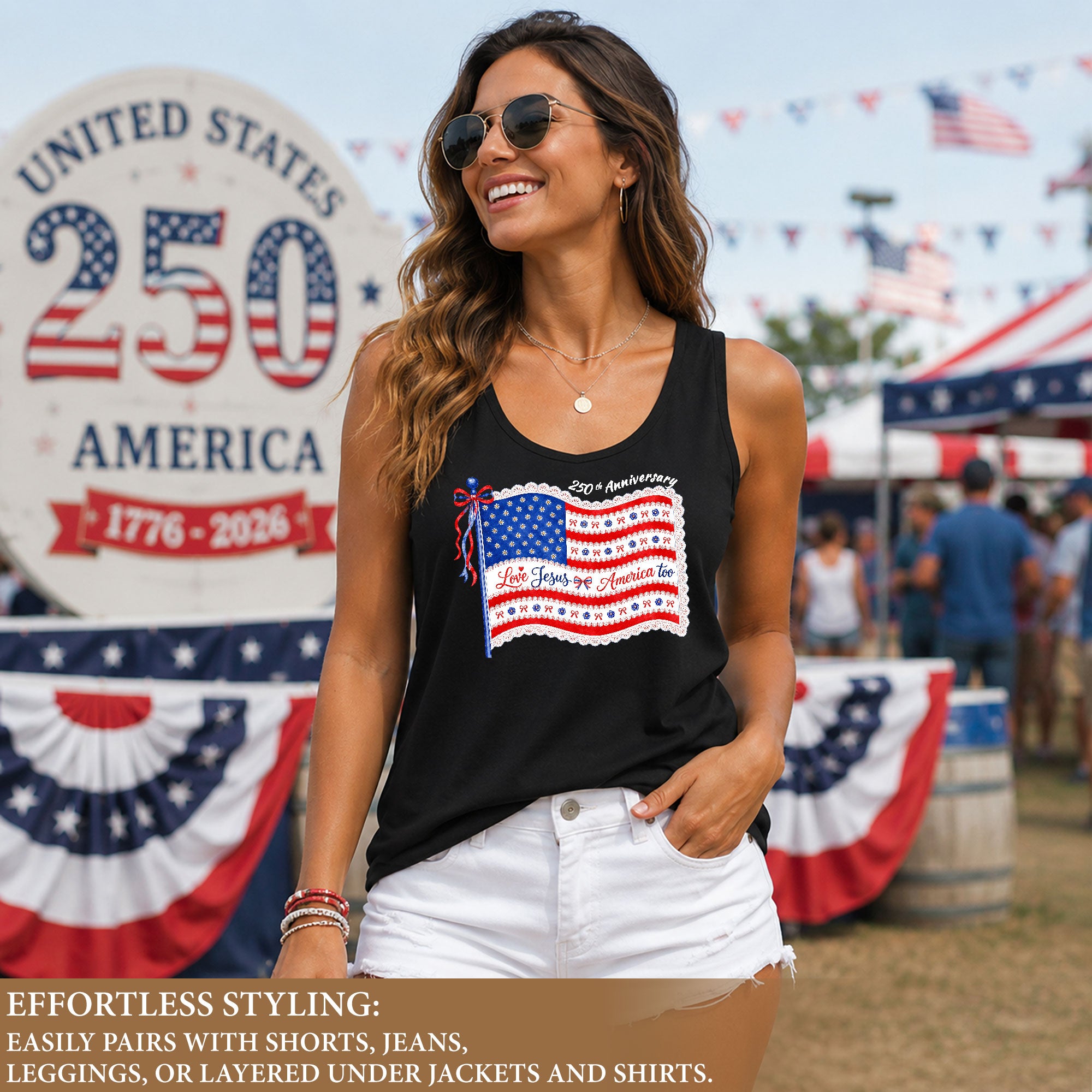 Women's Patriotic Tank Top "Love Jesus & America Too" 250th Anniversary Flag Shirt