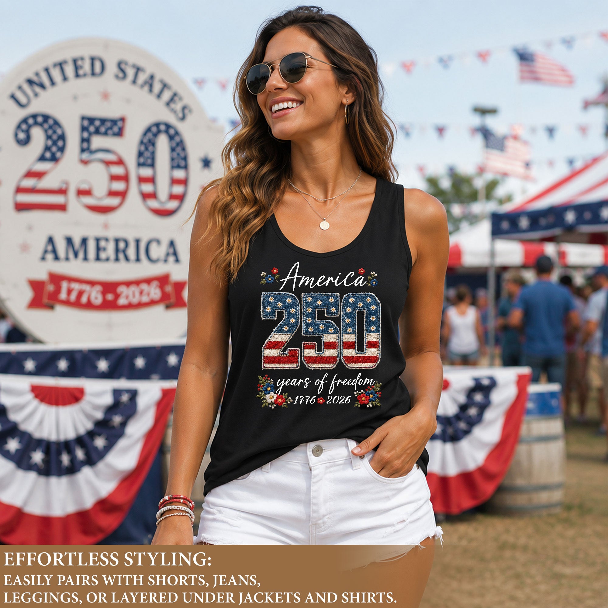 Floral America 250 Years of Freedom Tank Top Women's US Anniversary Graphic Shirt