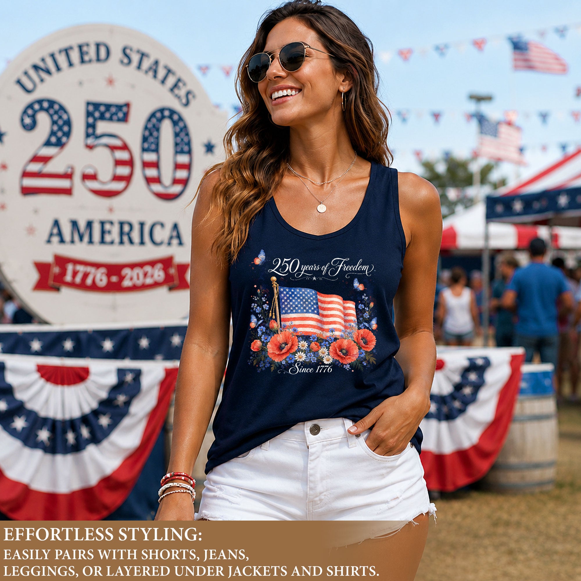 Women's Patriotic Tank Top 250 Years of Freedom Floral US Flag 1776 Graphic Shirt