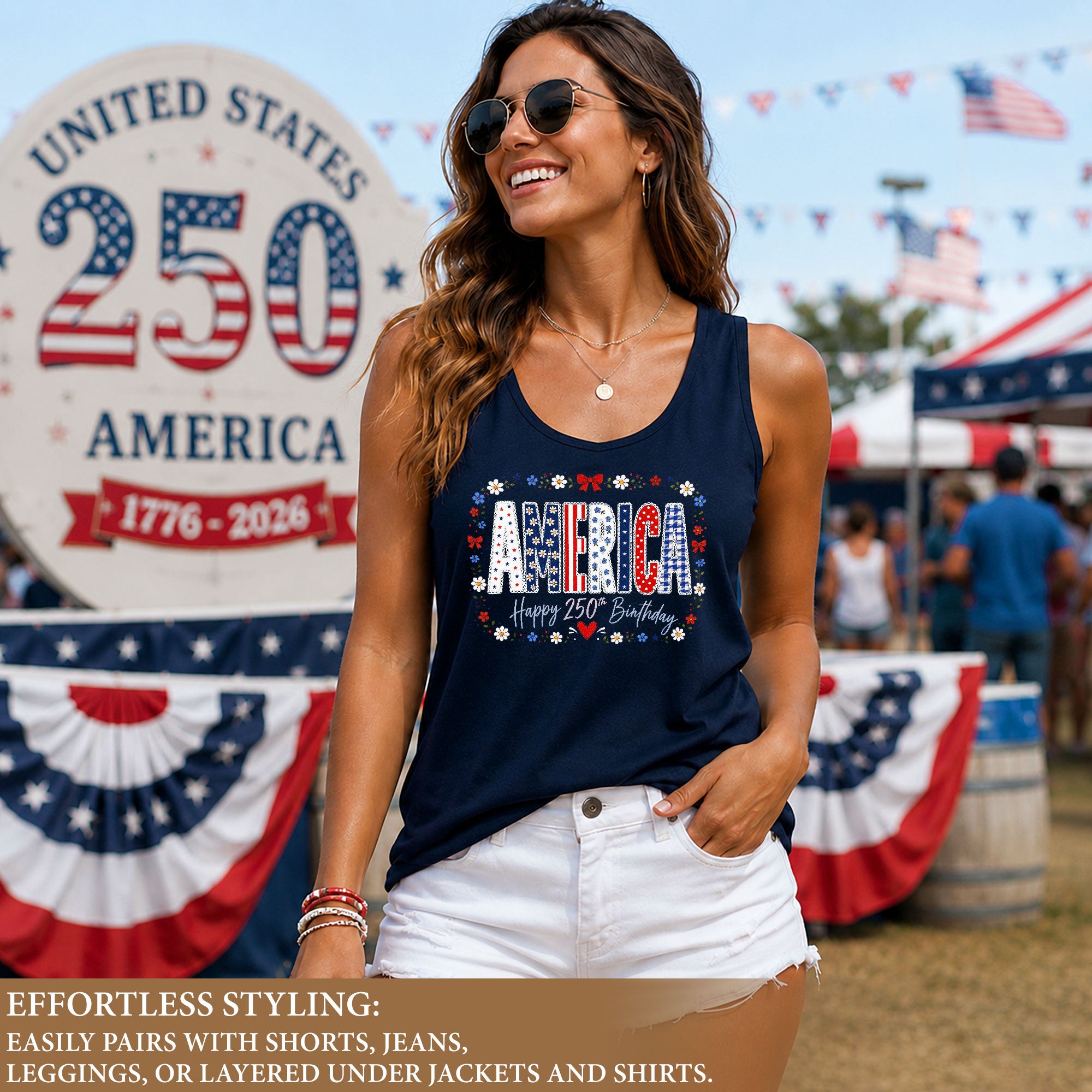 Women's Patriotic Tank Top America Happy 250th Birthday Floral Graphic Summer Shirt