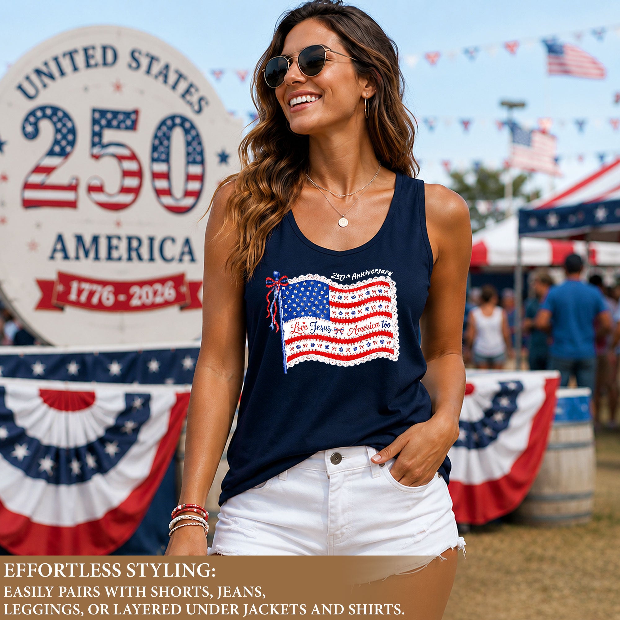 Women's Patriotic Tank Top "Love Jesus & America Too" 250th Anniversary Flag Shirt