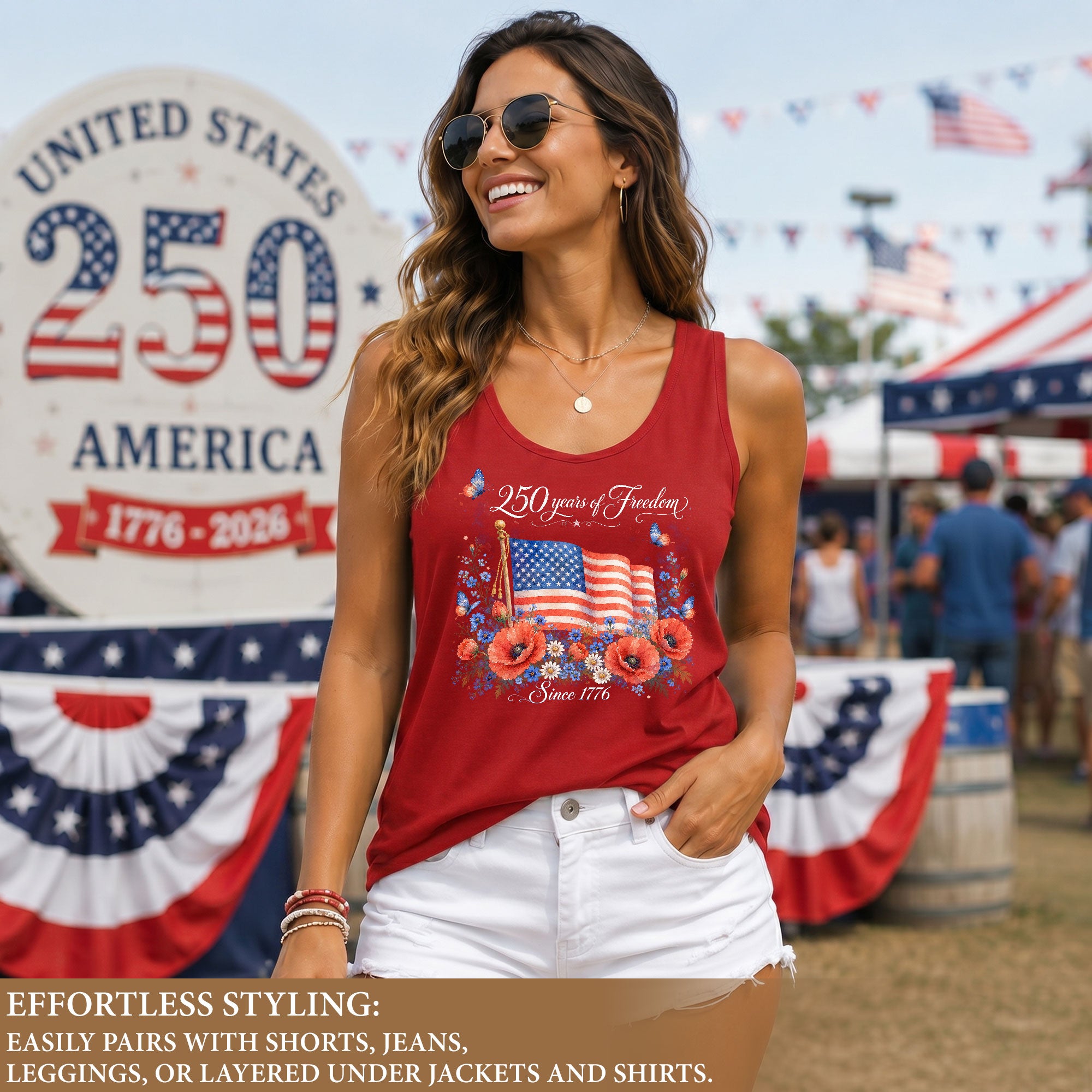 Women's Patriotic Tank Top 250 Years of Freedom Floral US Flag 1776 Graphic Shirt